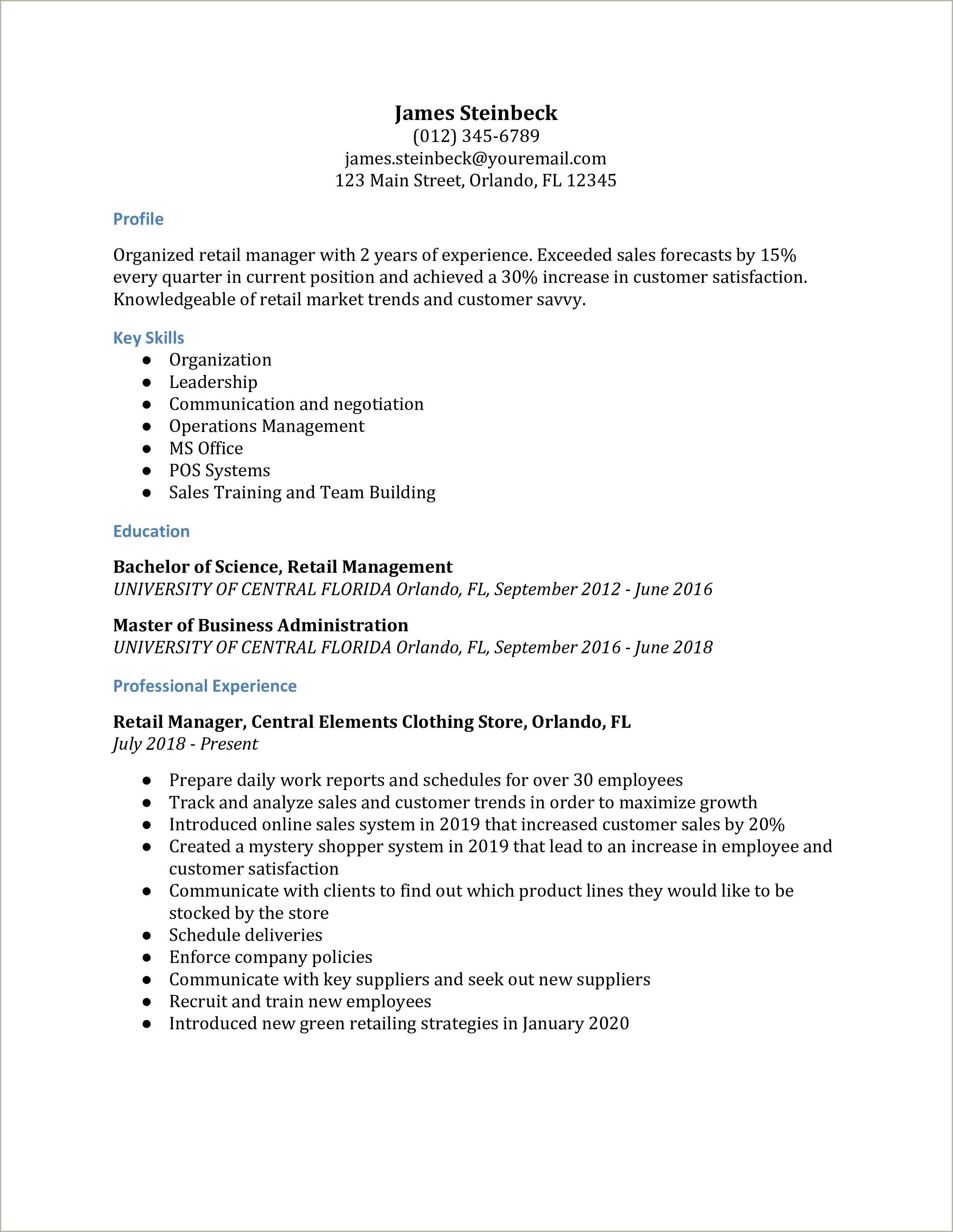 Retail Sales Manager Resume Samples - Resume Example Gallery