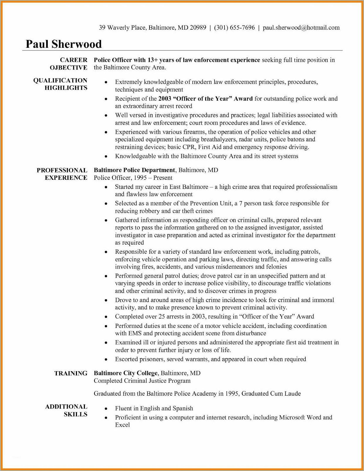 Retired Police Officer Resume Objective - Resume Example Gallery