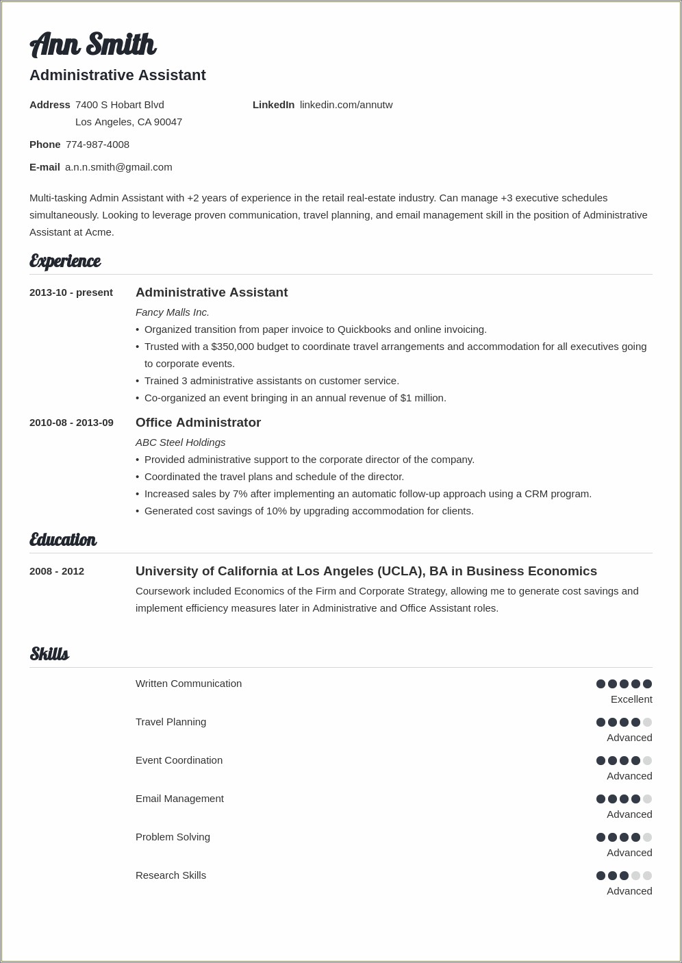 sample resume for financial administrative assistant