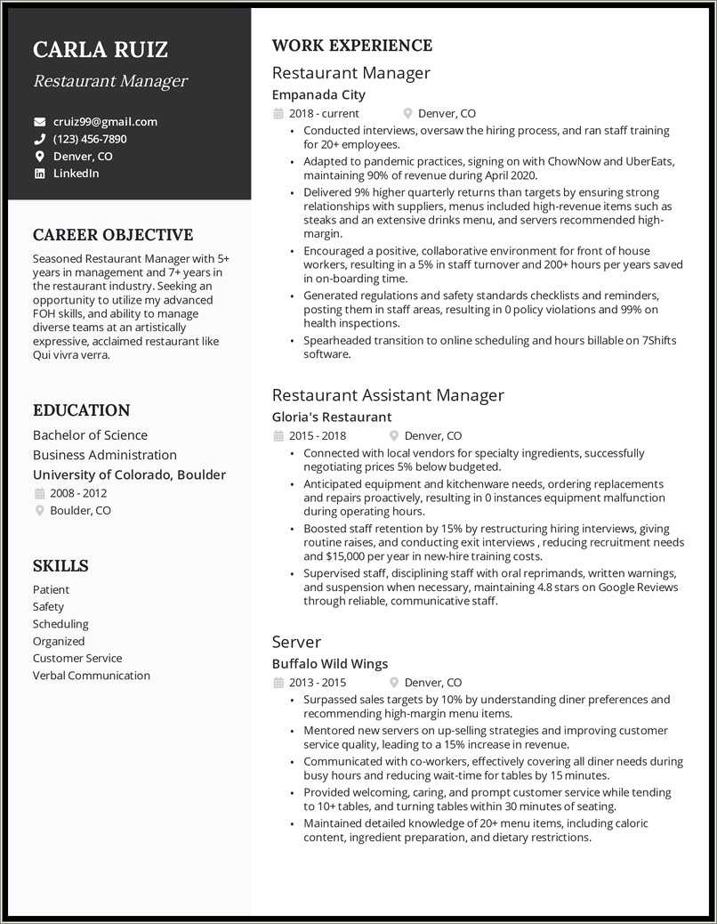 Sample Assistant Manager Resume Restaurant - Resume Example Gallery