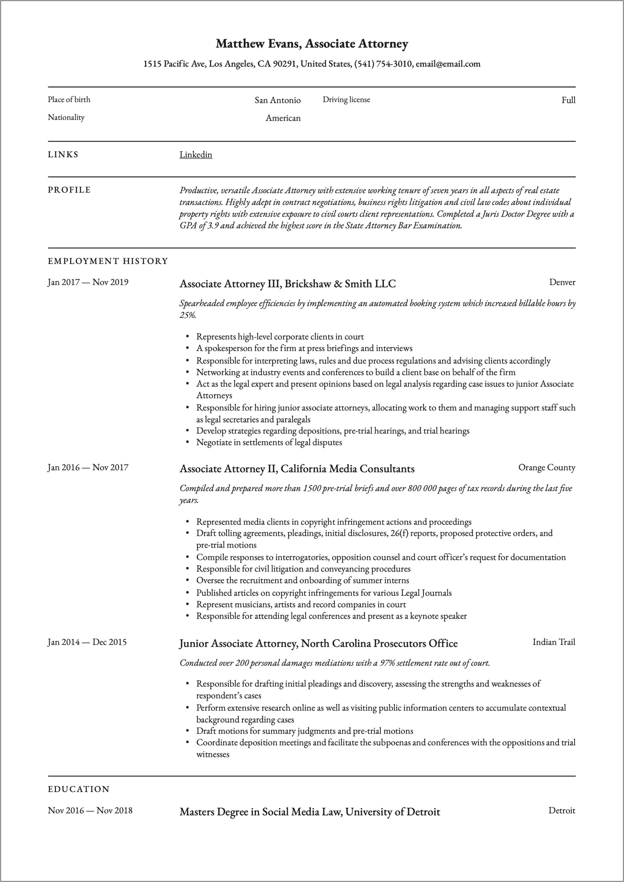 Sample Civil Litigation Attorney Resume Resume Example Gallery