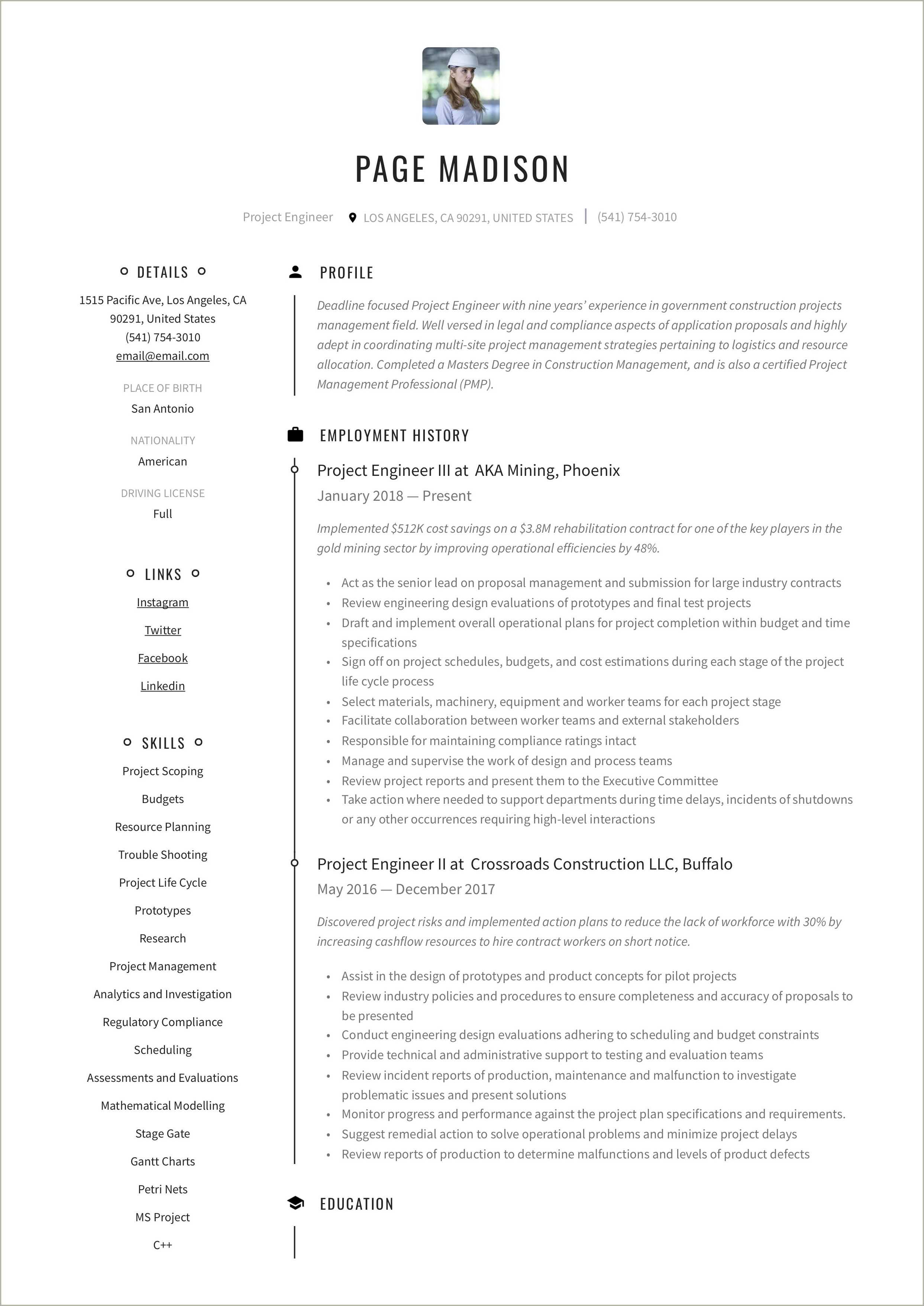 Sample Construction Field Engineer Resume - Resume Example Gallery