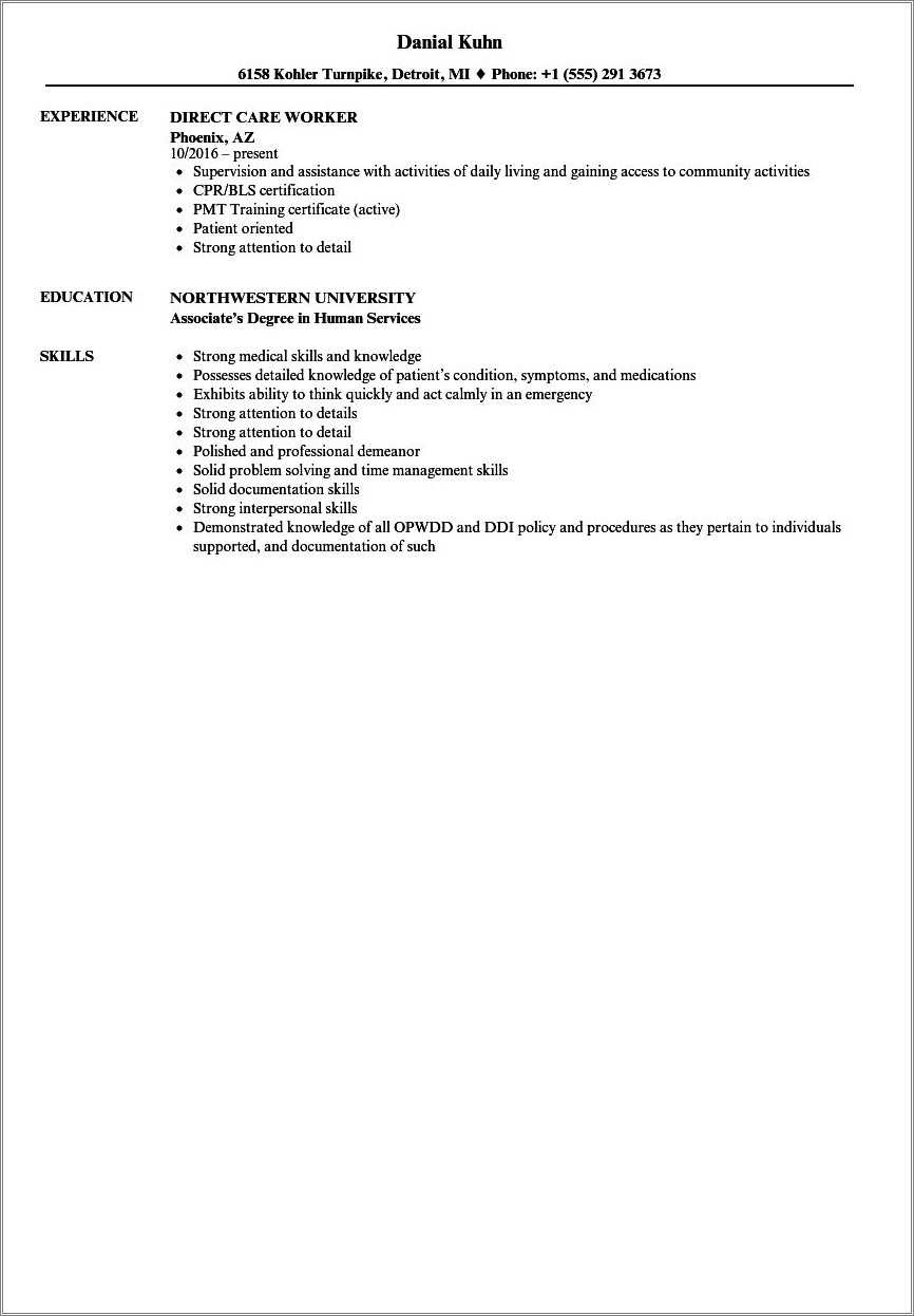 Direct Care Worker Resume Examples - Resume Example Gallery