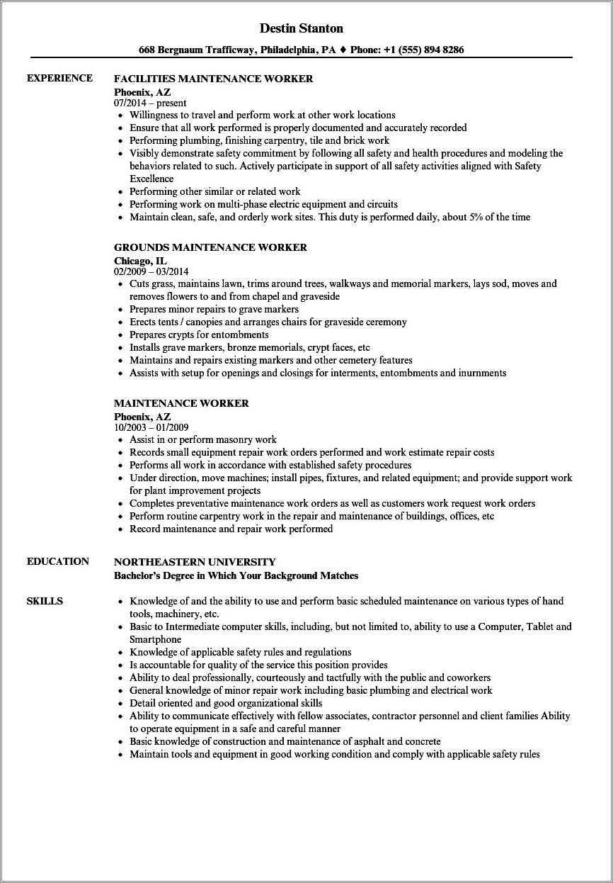 General Maintenance Worker Resume Examples - Resume Example Gallery