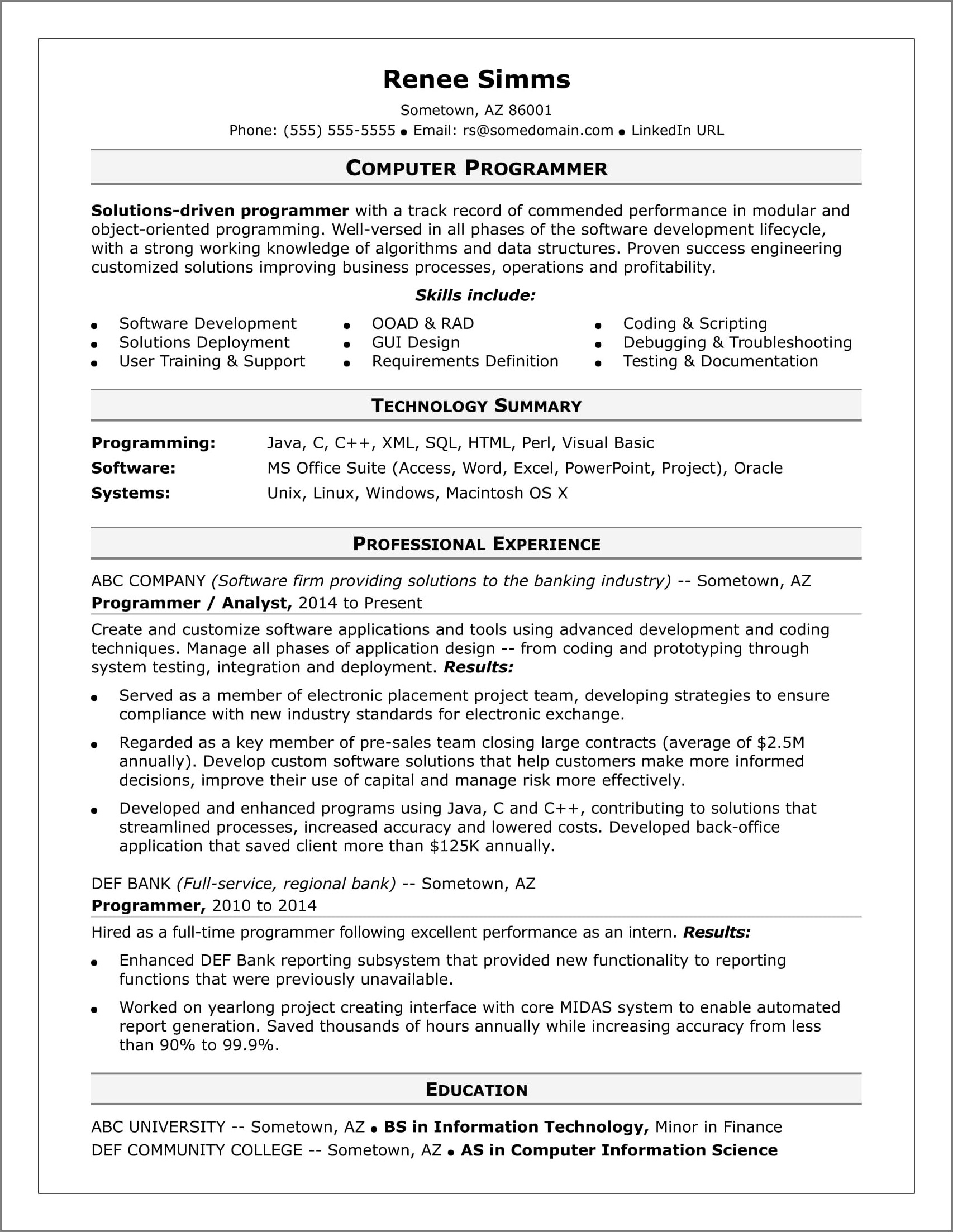 Sample Mid Level Programmer Resume - Resume Example Gallery