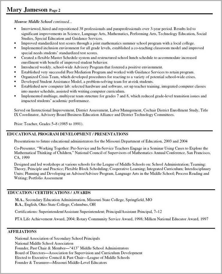 Sample Middle School Principal Resume - Resume Example Gallery