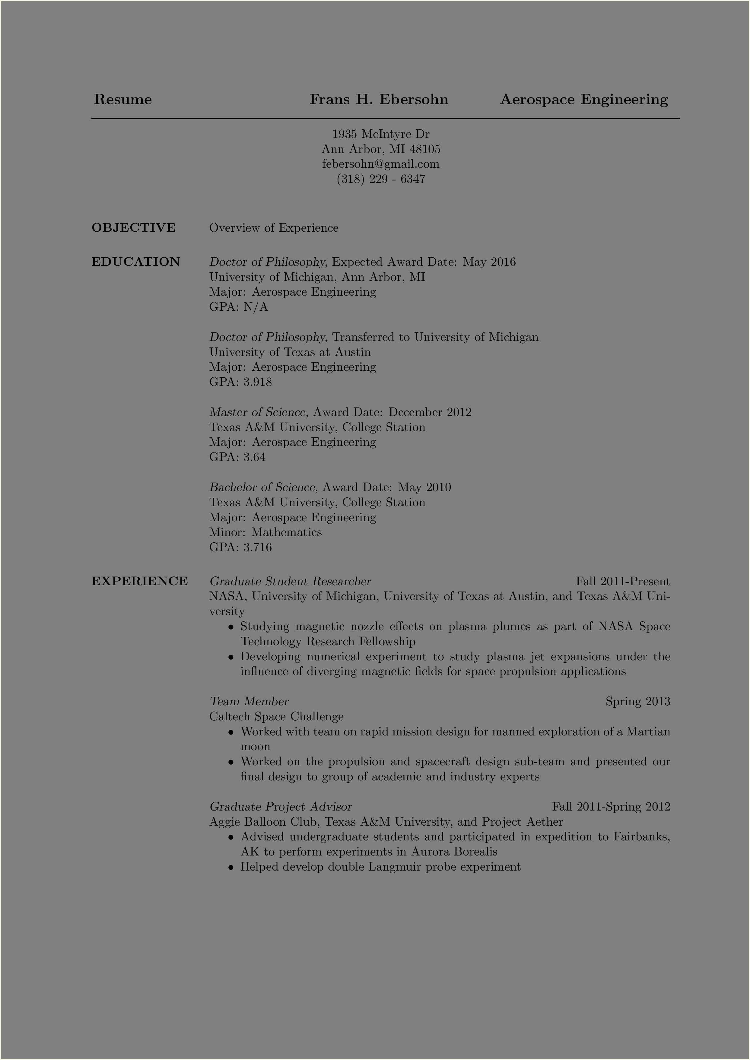 Sample Nasa Resume Aerospace Engineering - Resume Example Gallery