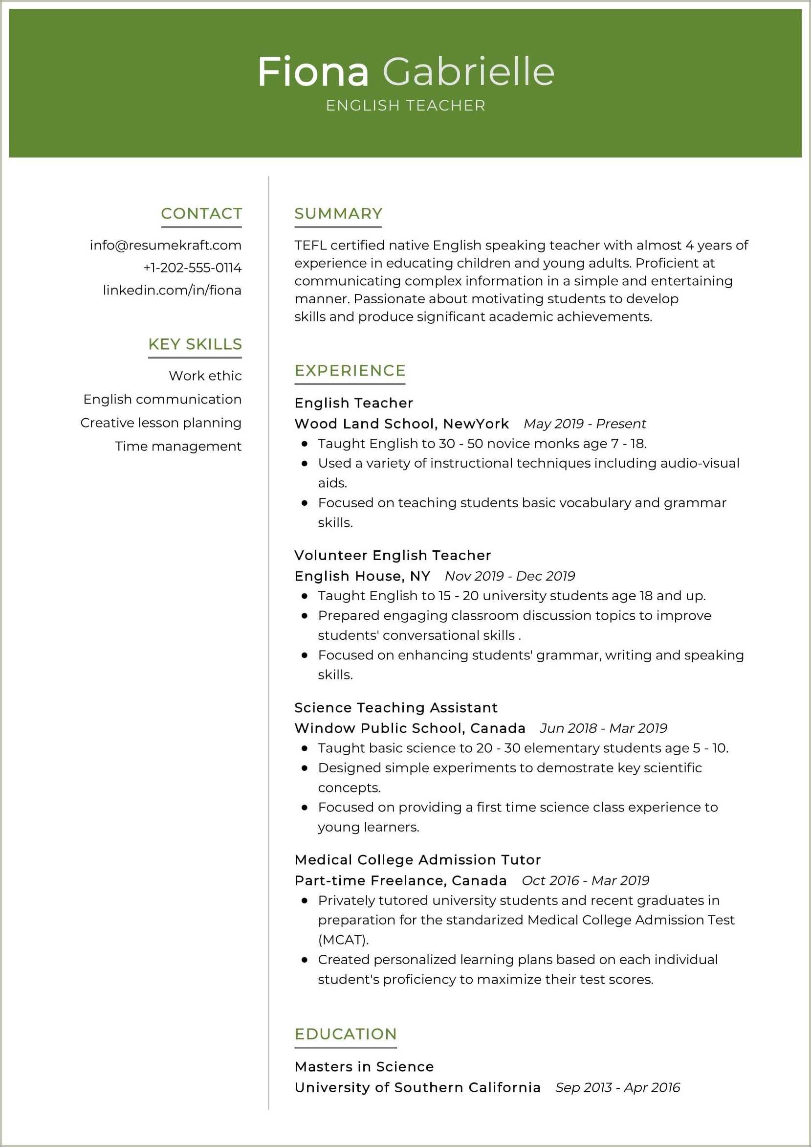 Sample Of Language Instructor Resume Resume Example Gallery