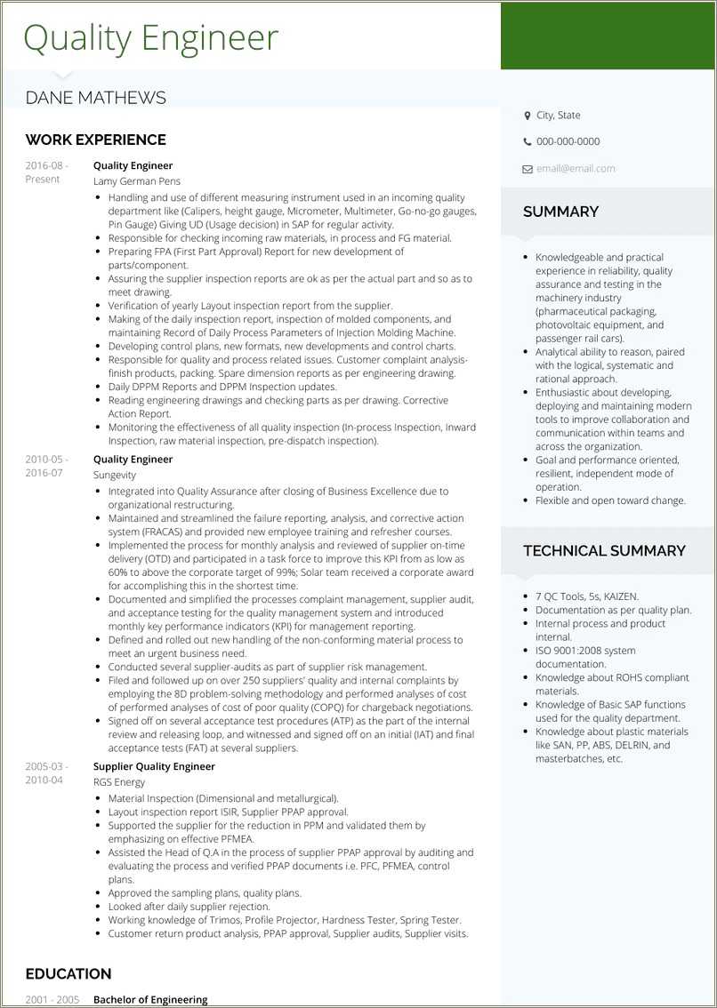 Sample Quality Control Engineer Resume - Resume Example Gallery