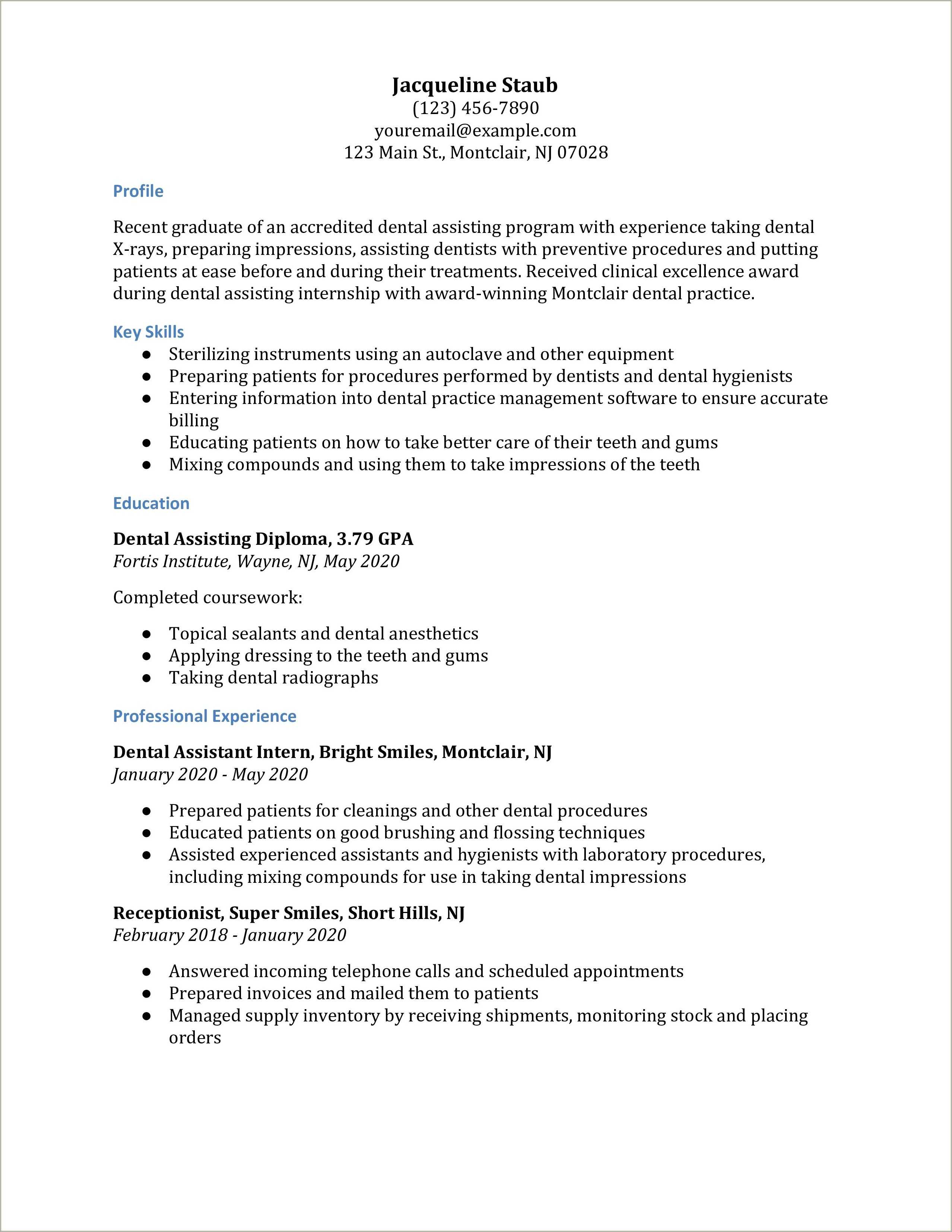 Sample Registered Dental Assistant Resume - Resume Example Gallery