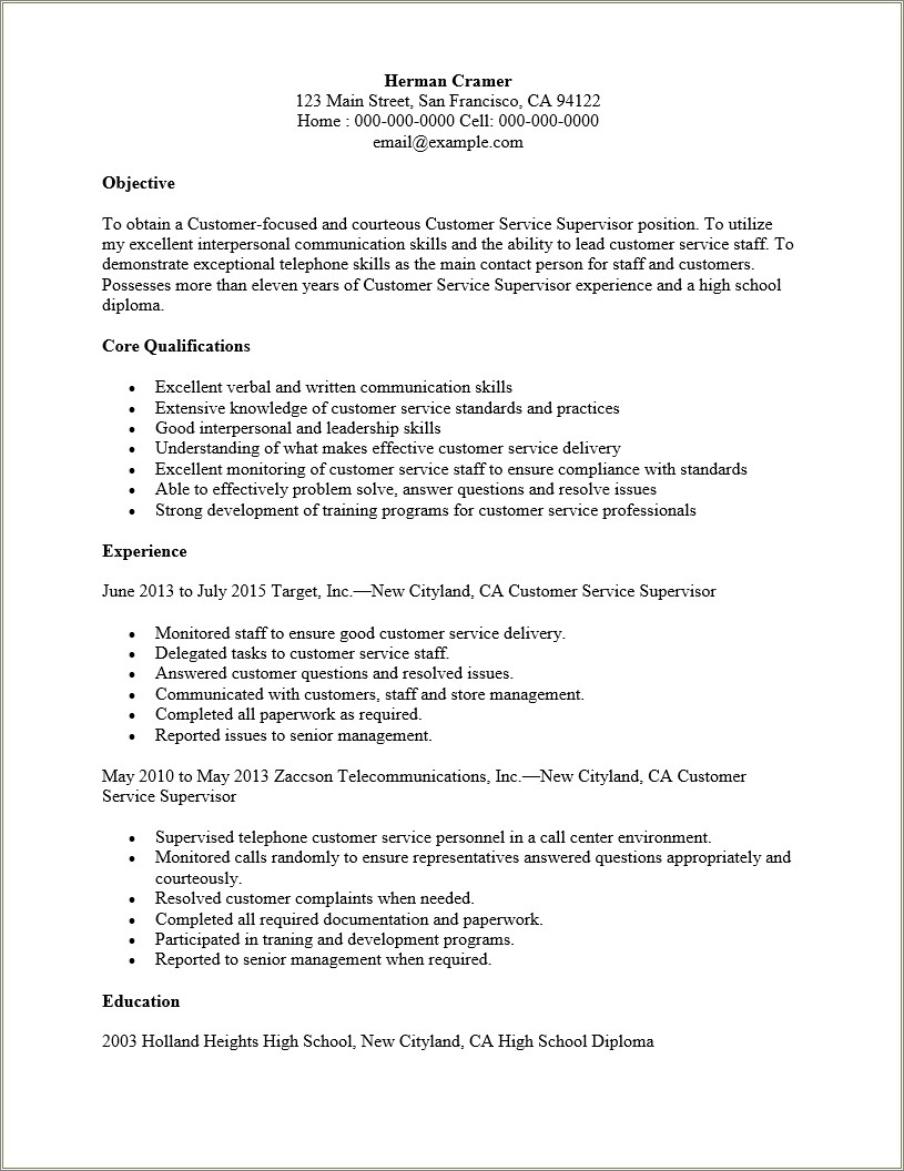 Food Service Supervisor Resume Examples - Resume Example Gallery