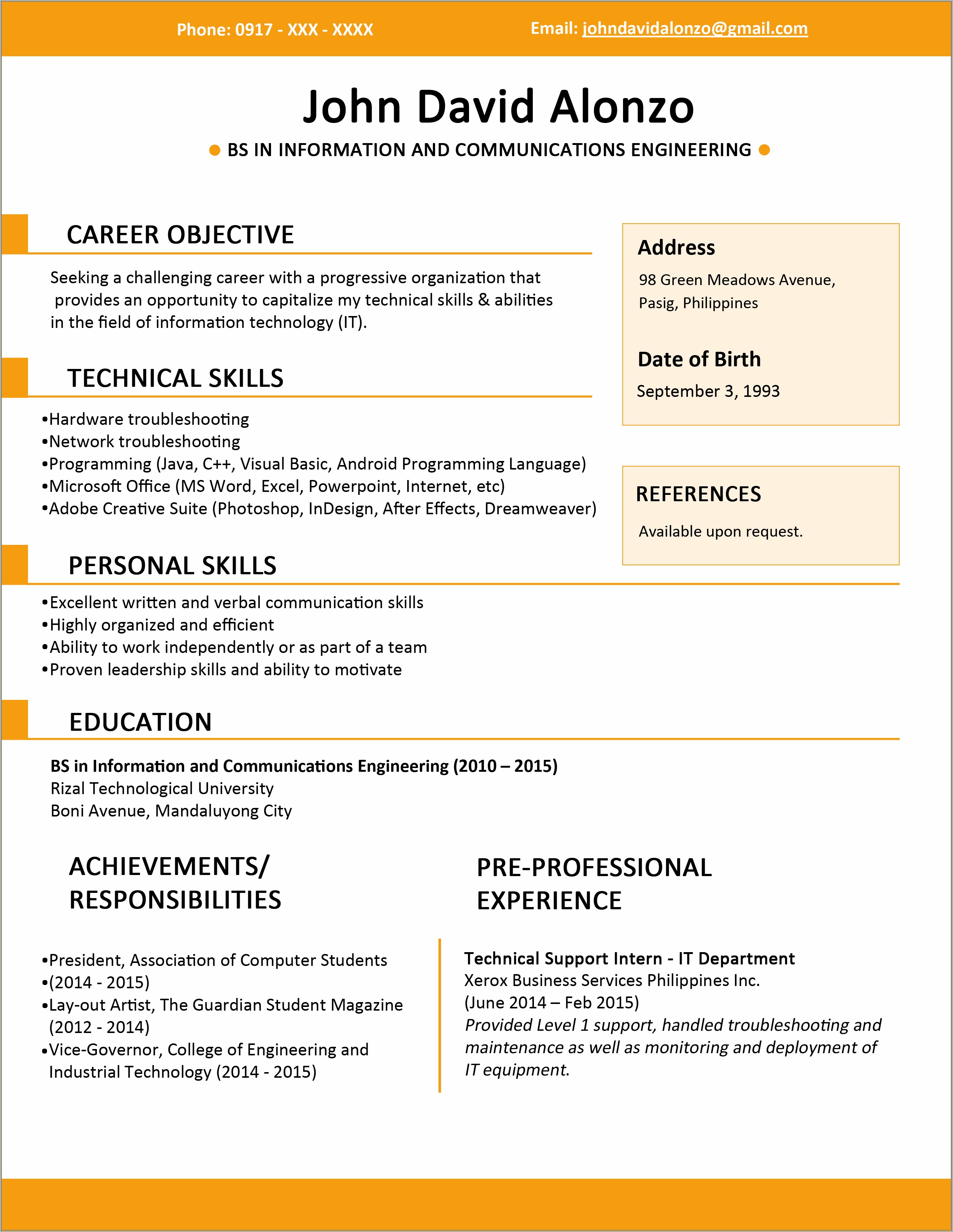 resume sample for abroad