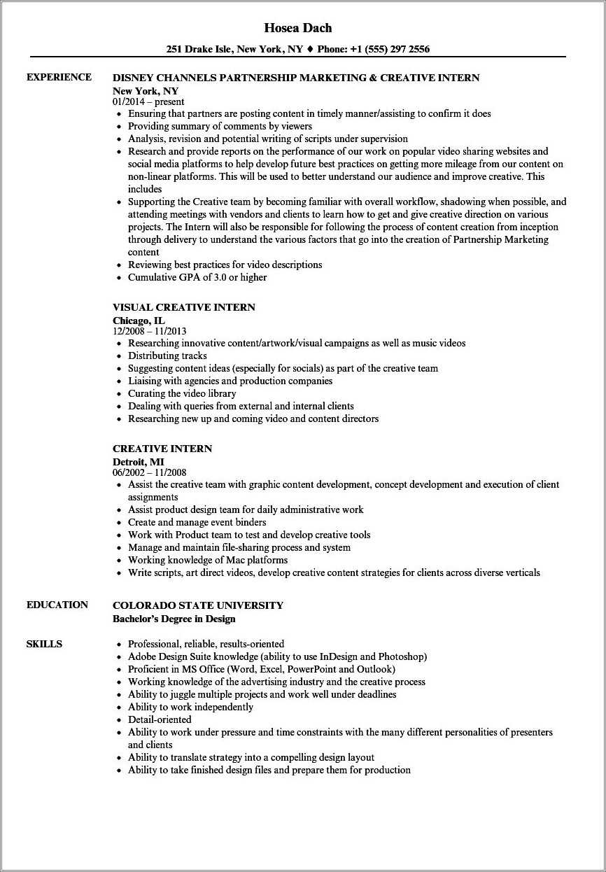 Sample Resume For Art Internship - Resume Example Gallery