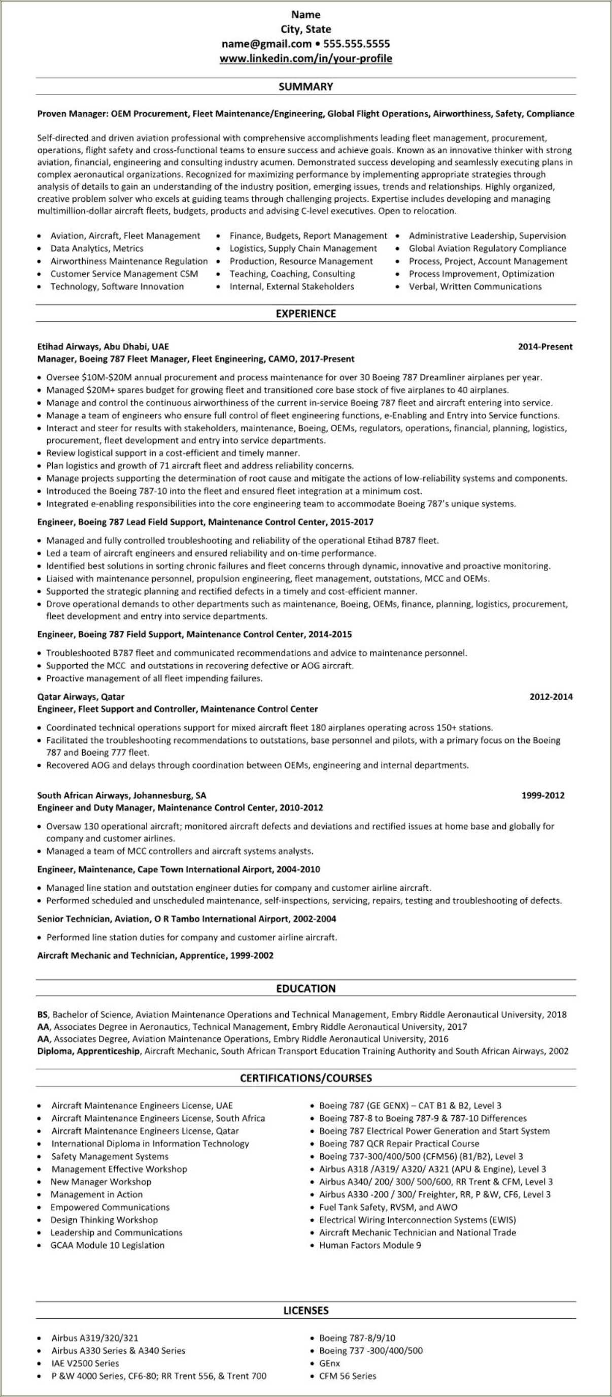 Sample Resume For Aviation Management - Resume Example Gallery