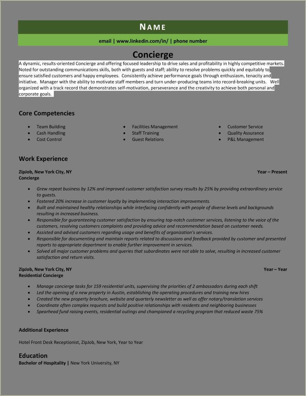 Sample Resume For Hotel Concierge - Resume Example Gallery