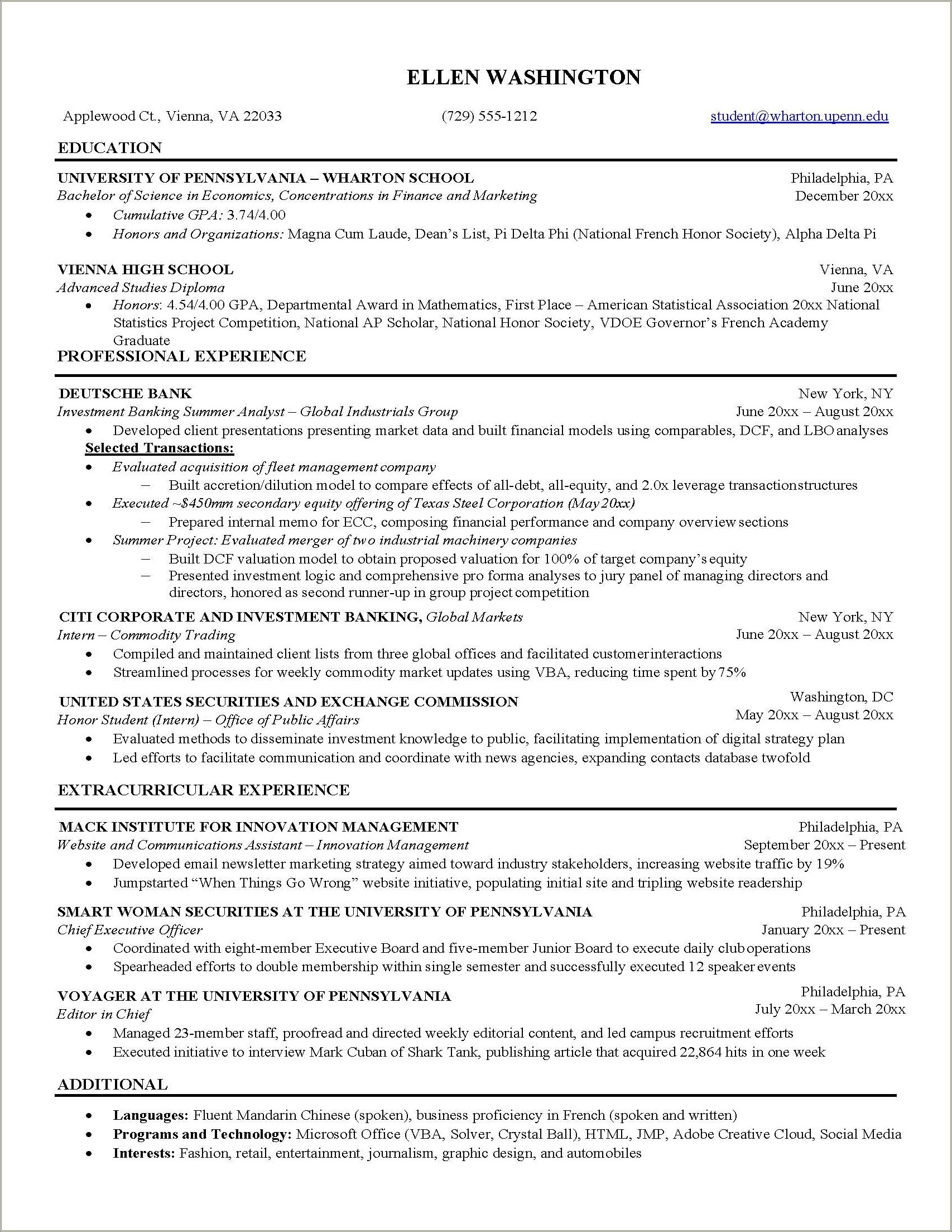 Sample Resume For International Students - Resume Example Gallery