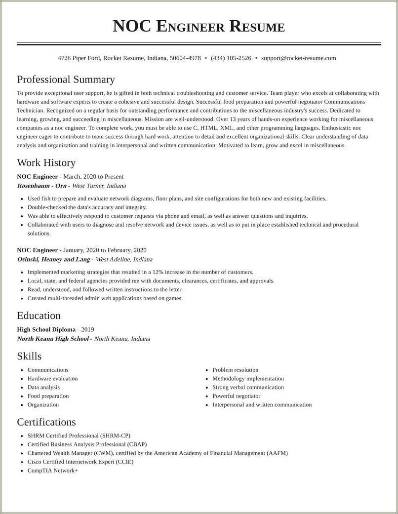 Sample Resume For Noc Technician Resume Example Gallery