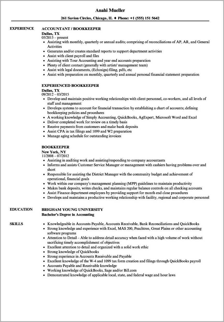 Sample Resume Full Charge Bookkeeper - Resume Example Gallery