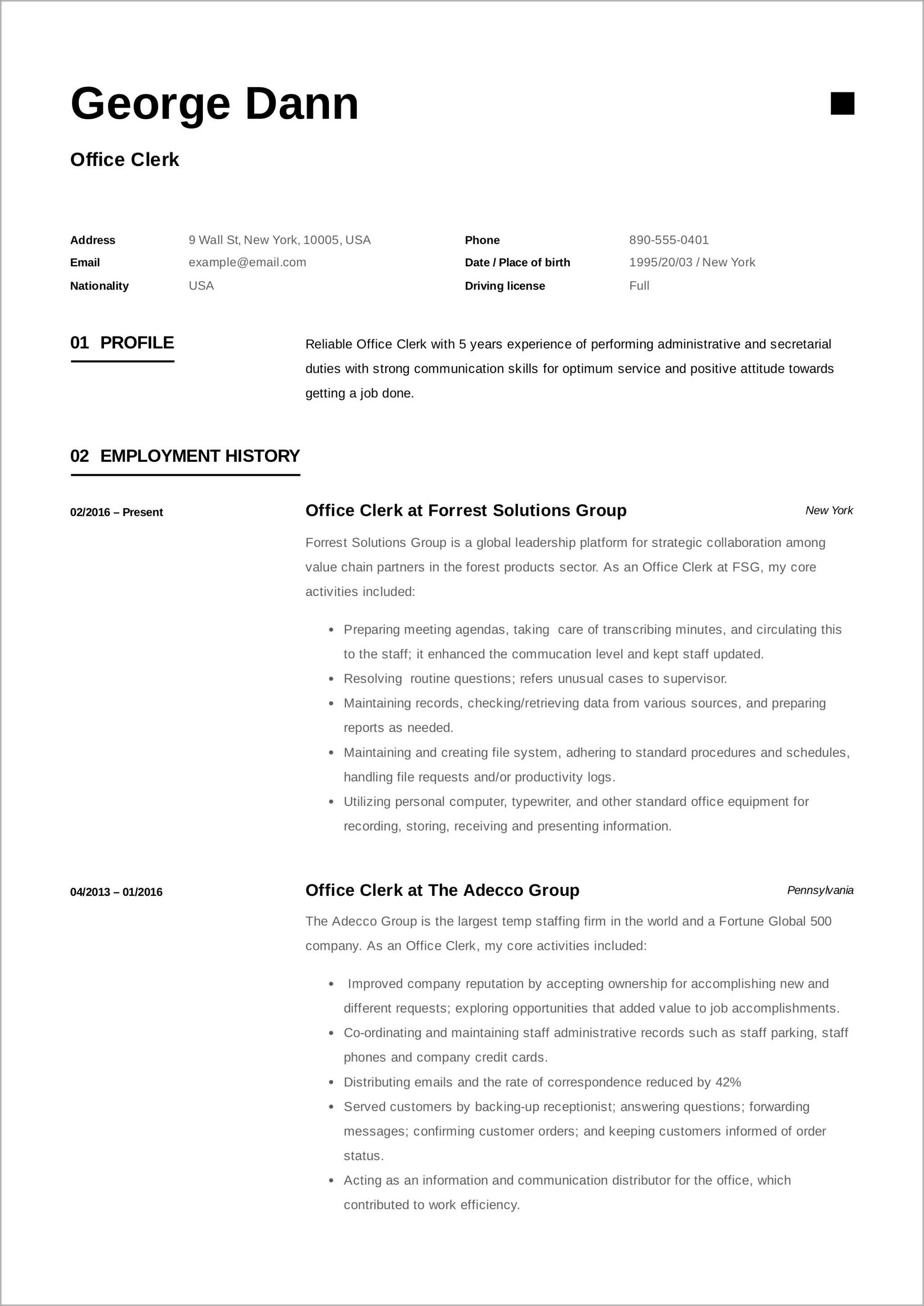 Sample Resume Of Clerical Work - Resume Example Gallery