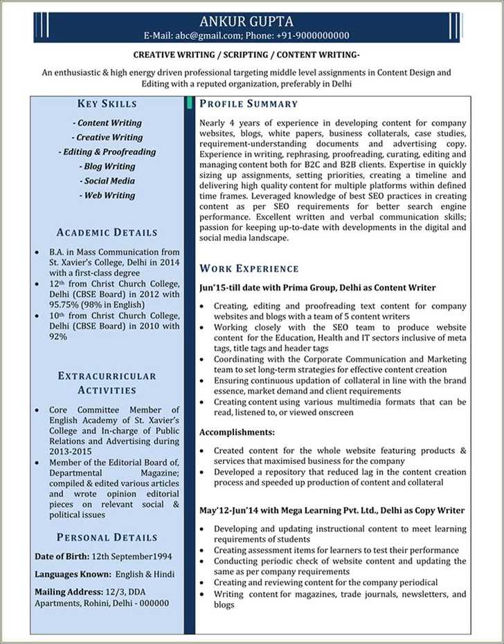 Resume For Writing Jobs