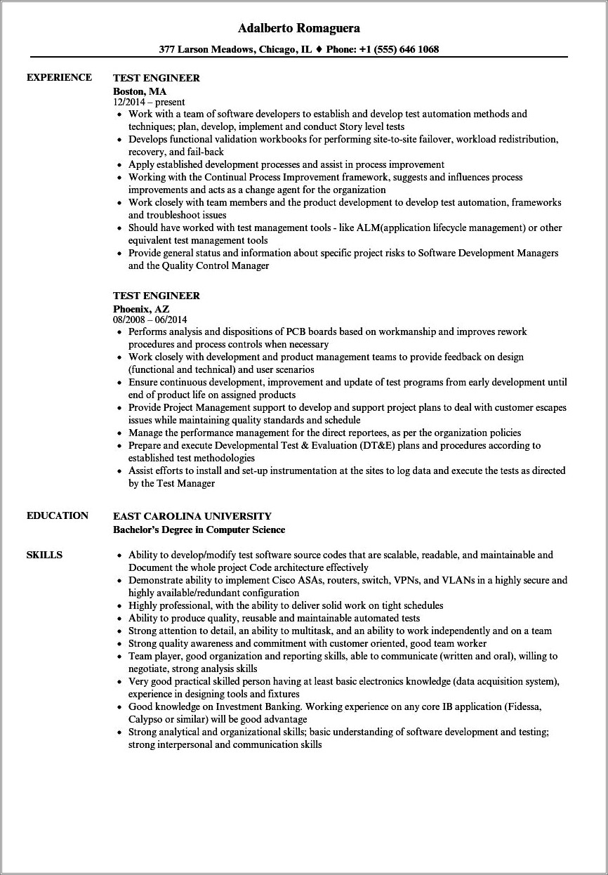 Sample Resumes Of Software Testers - Resume Example Gallery