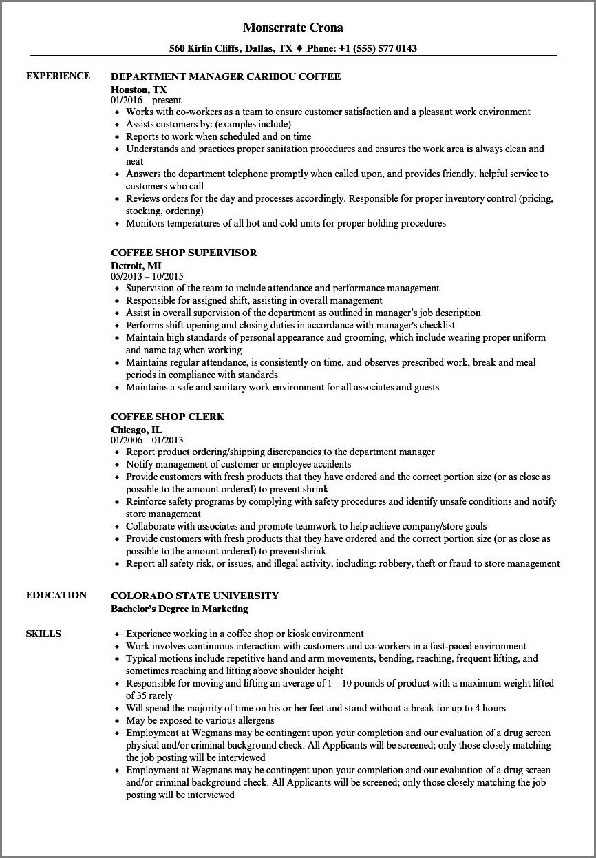 Sample Summary For Barista Resume - Resume Example Gallery