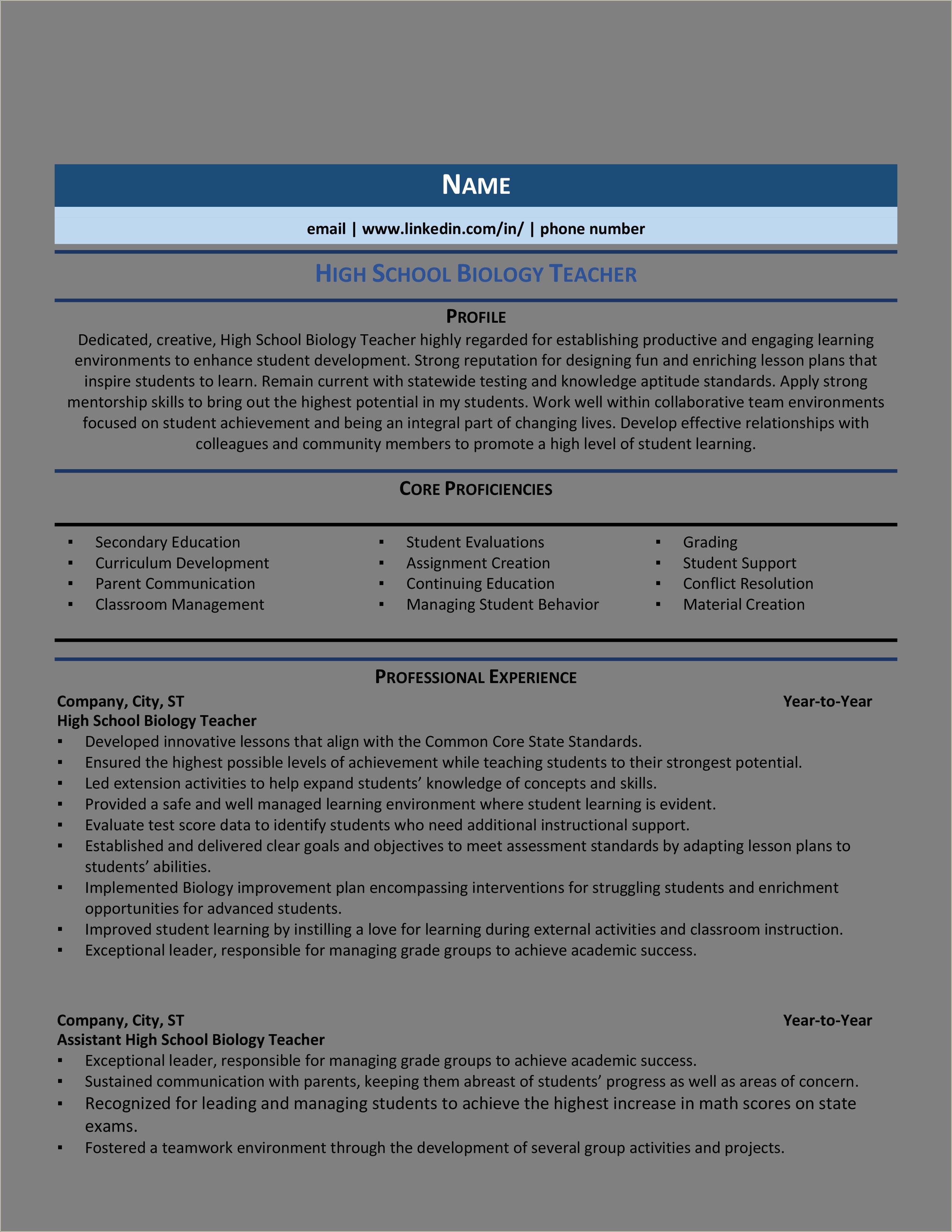 Sample Teacher Resume High School - Resume Example Gallery