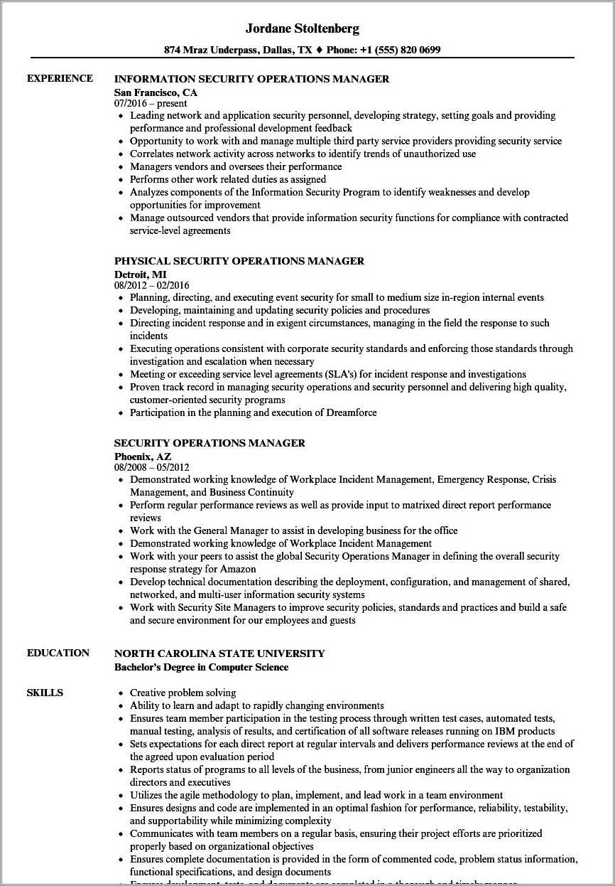 Security Operations Center Sample Resume - Resume Example Gallery