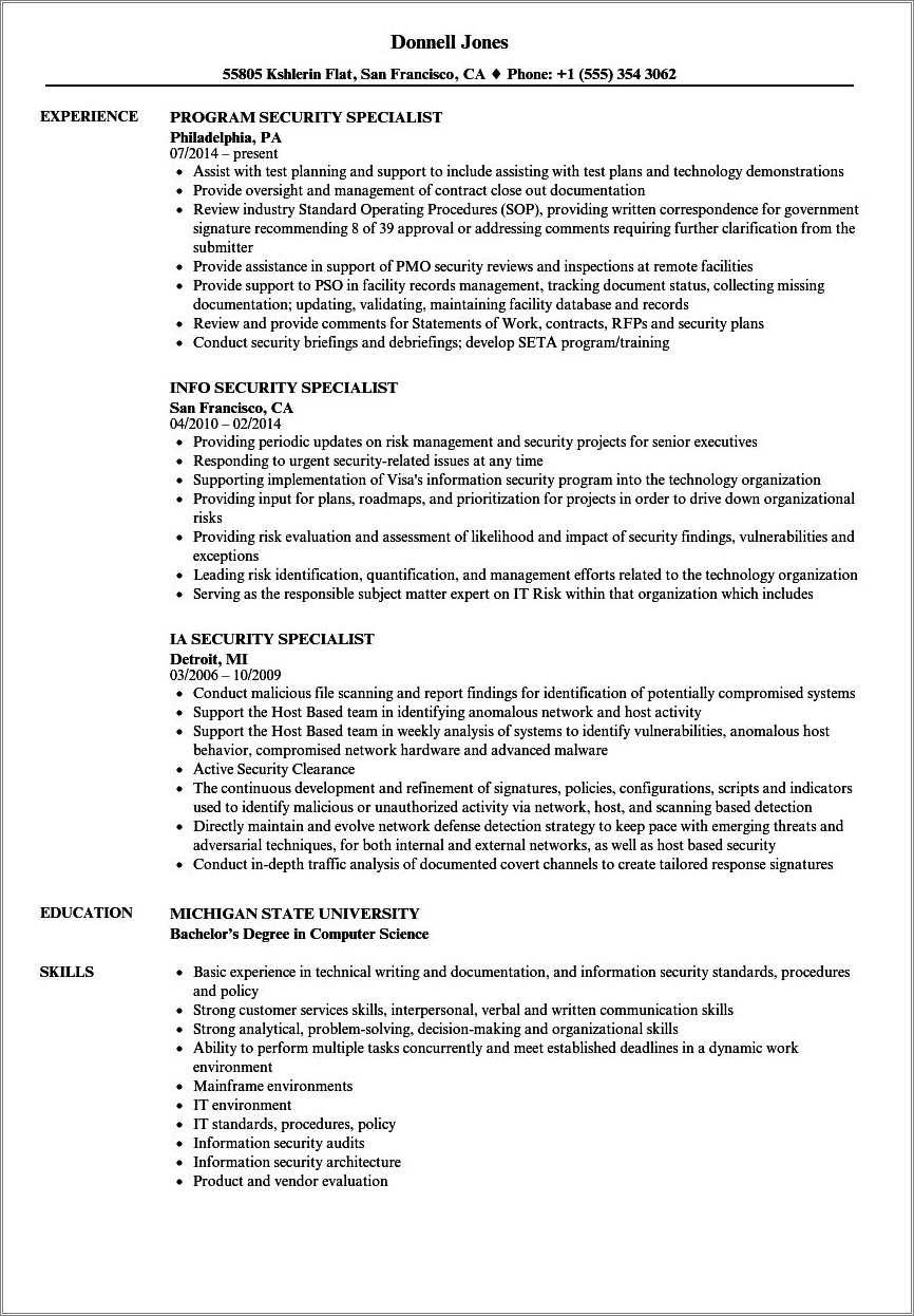 Industrial Security Specialist Resume Sample - Resume Example Gallery