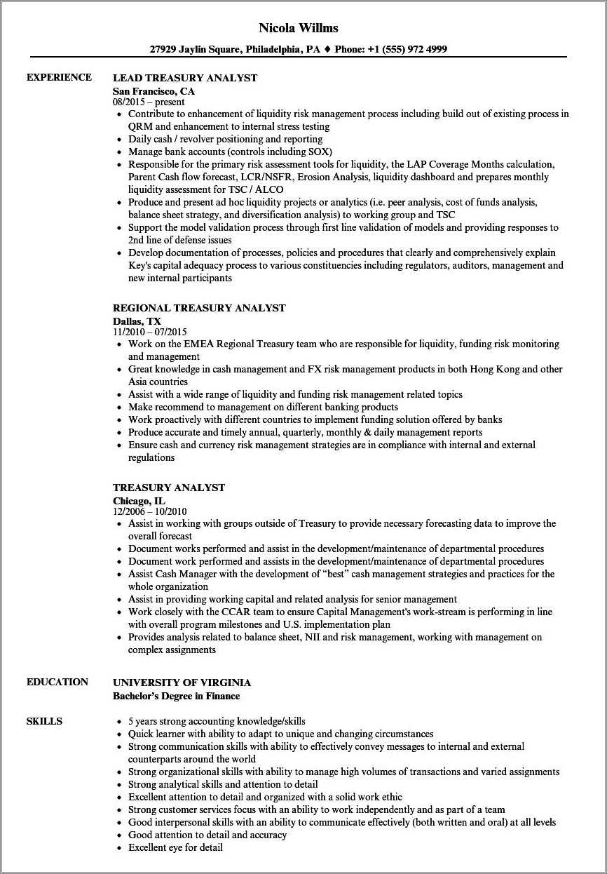 Senior Treasury Analyst Resume Sample - Resume Example Gallery