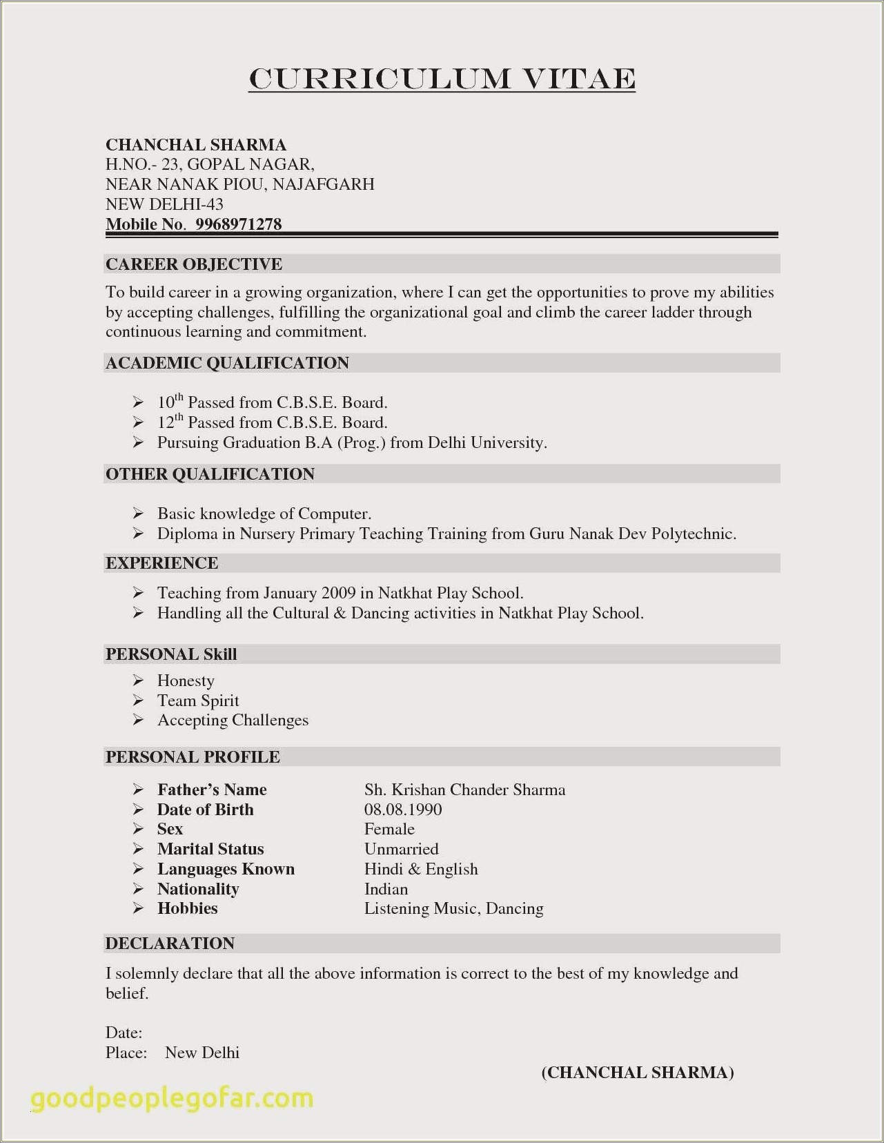  Simple Resume Format Sample Doc Resume Example Gallery