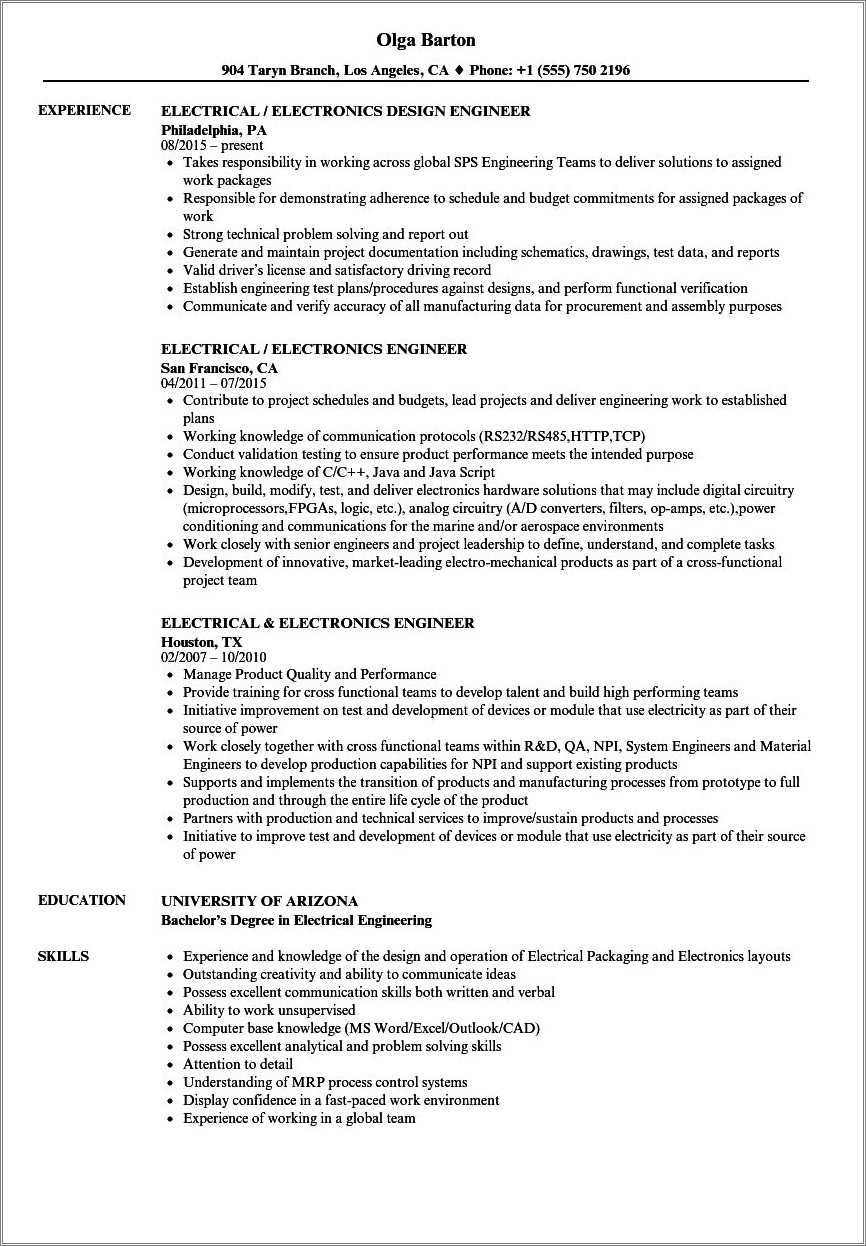 Electronics Engineer Resume Sample For Freshers - Resume Example Gallery