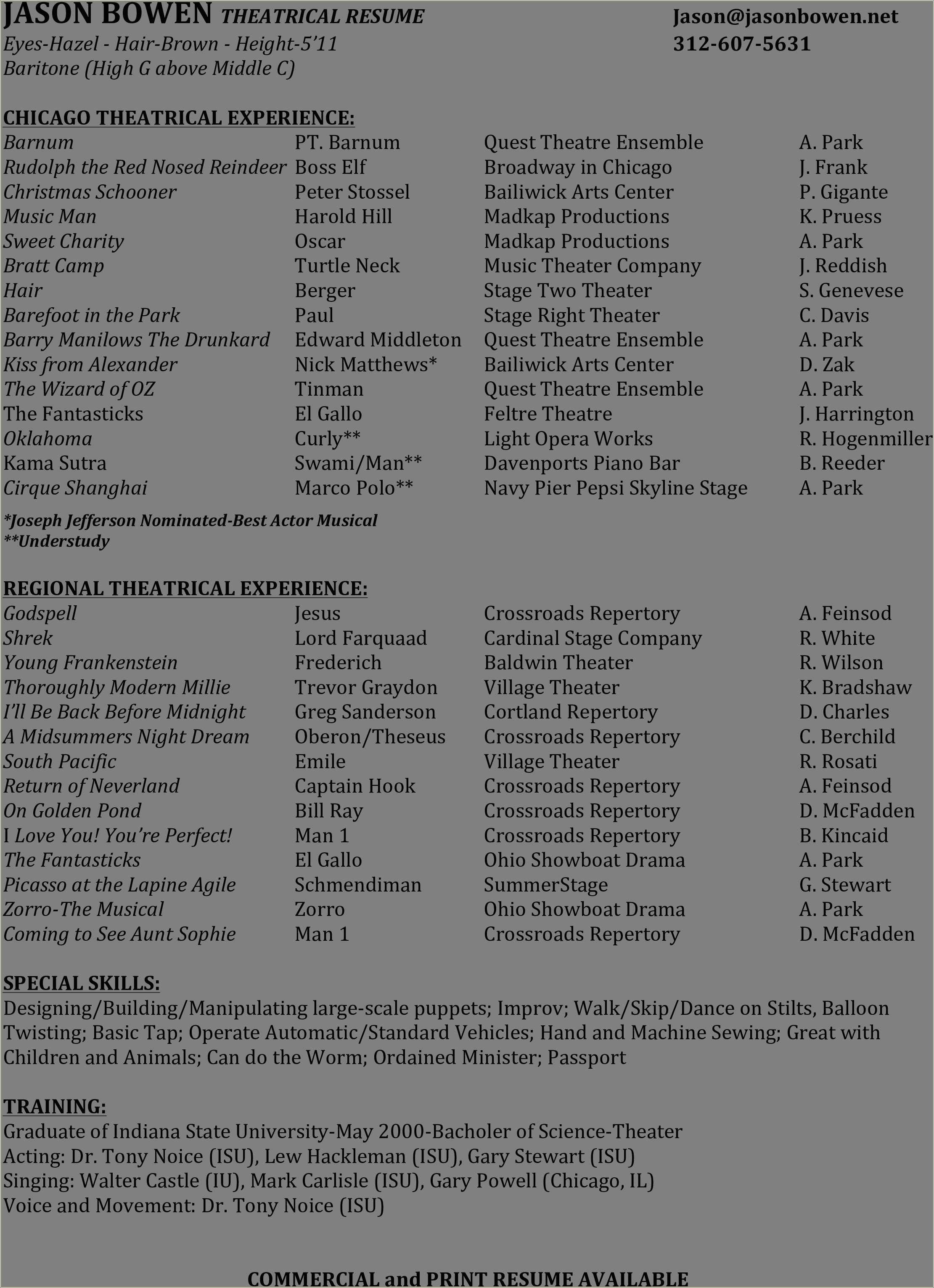 Theatre Resume Special Skills Examples Resume Example Gallery