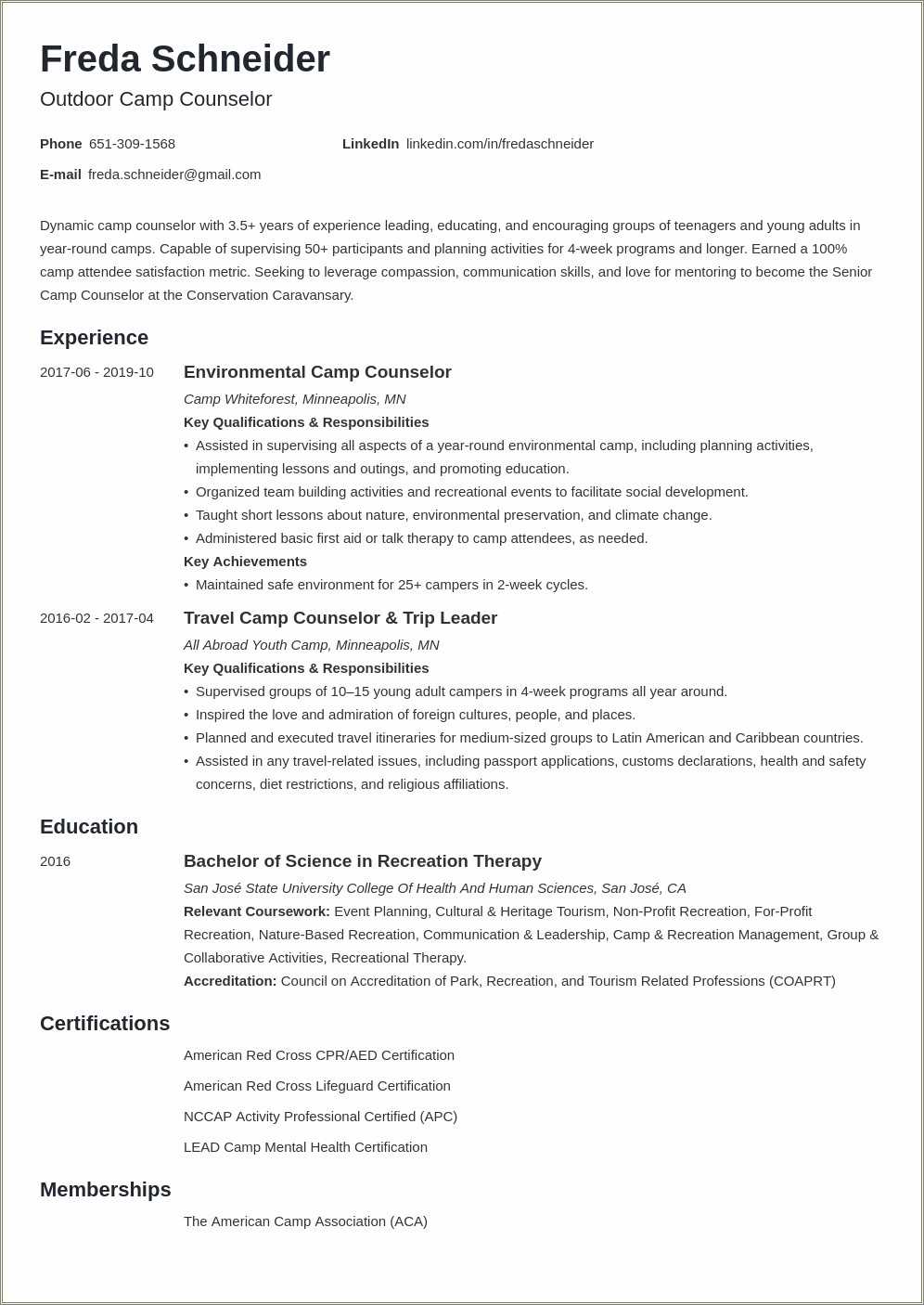 Summer Camp Counselor Resume Examples Resume Example Gallery