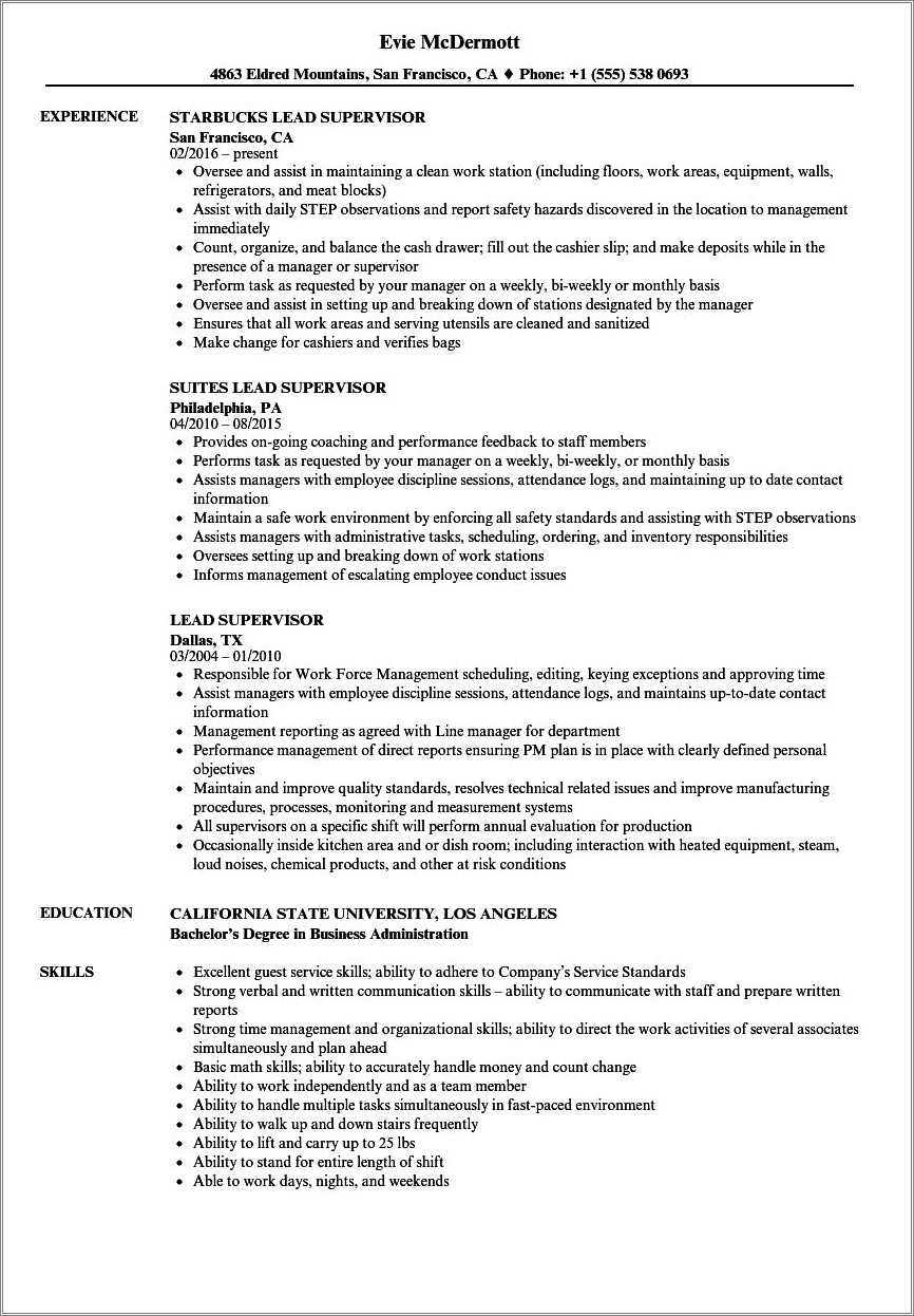 F&b Supervisor Resume Examples - Resume Example Gallery