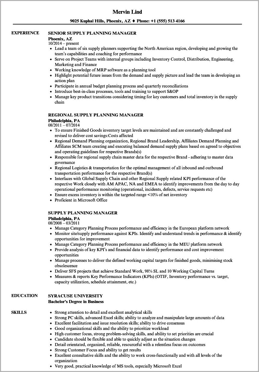 Supply Chain Planner Resume Examples - Resume Example Gallery