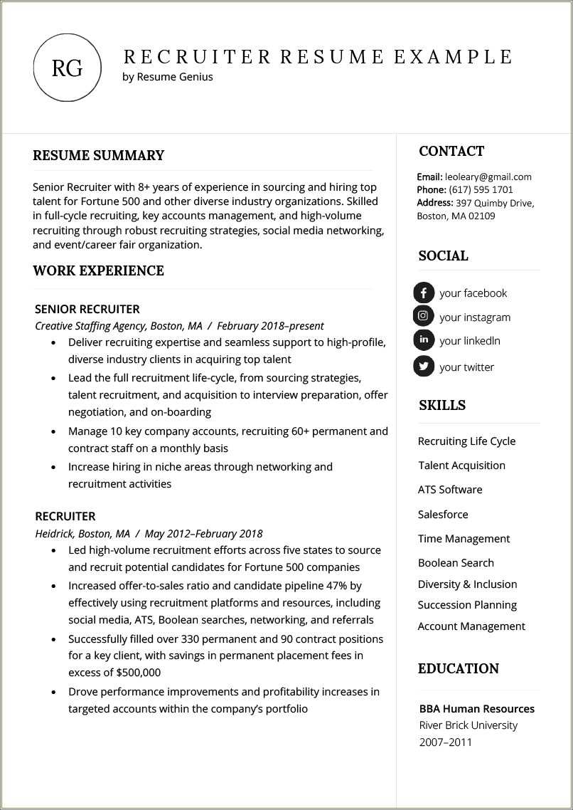 Talent Acquisition Recruiter Resume Sample