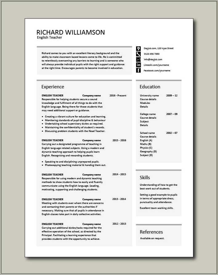 English Teacher Resume Sample Doc