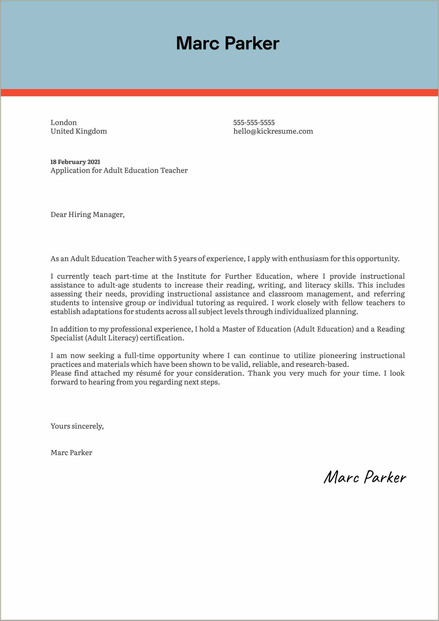 Teacher Resume Cover Letter Sample - Resume Example Gallery