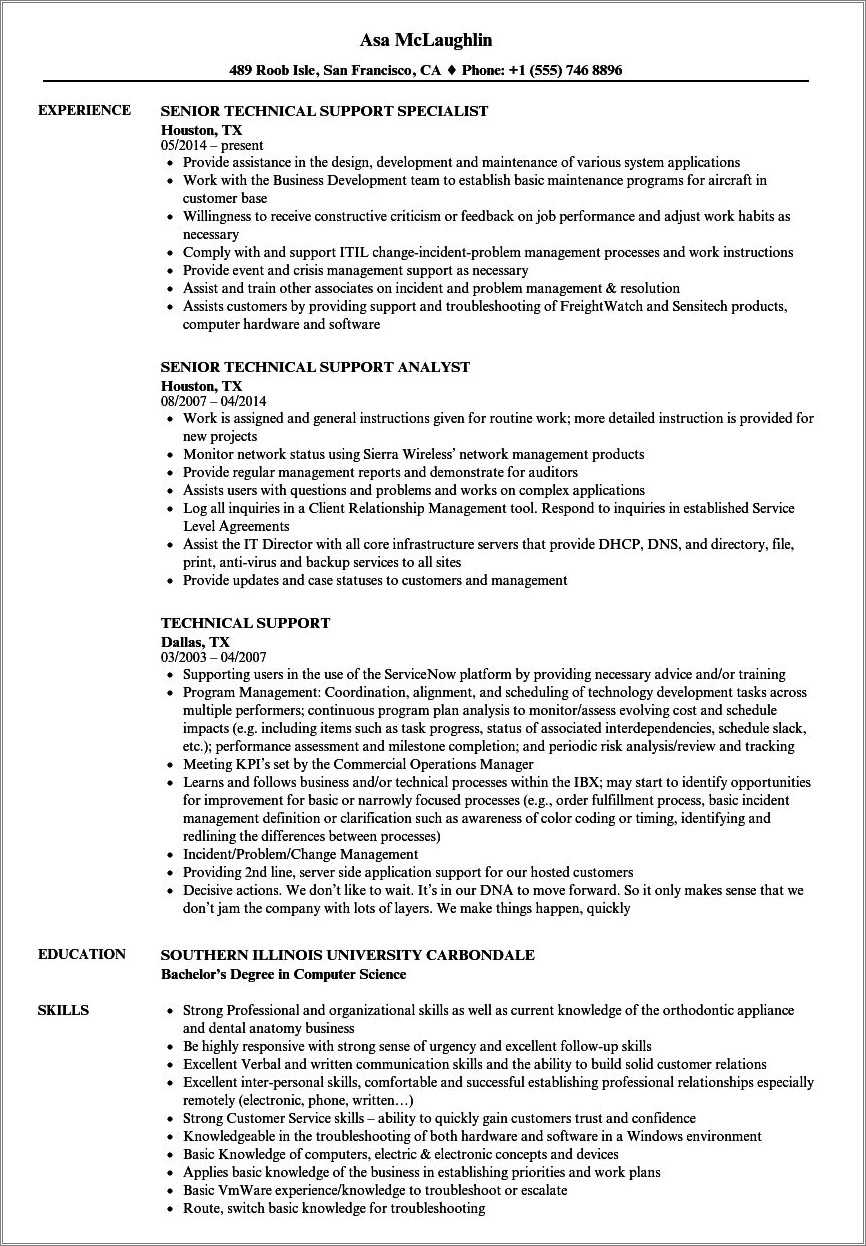 tech support skills for resume