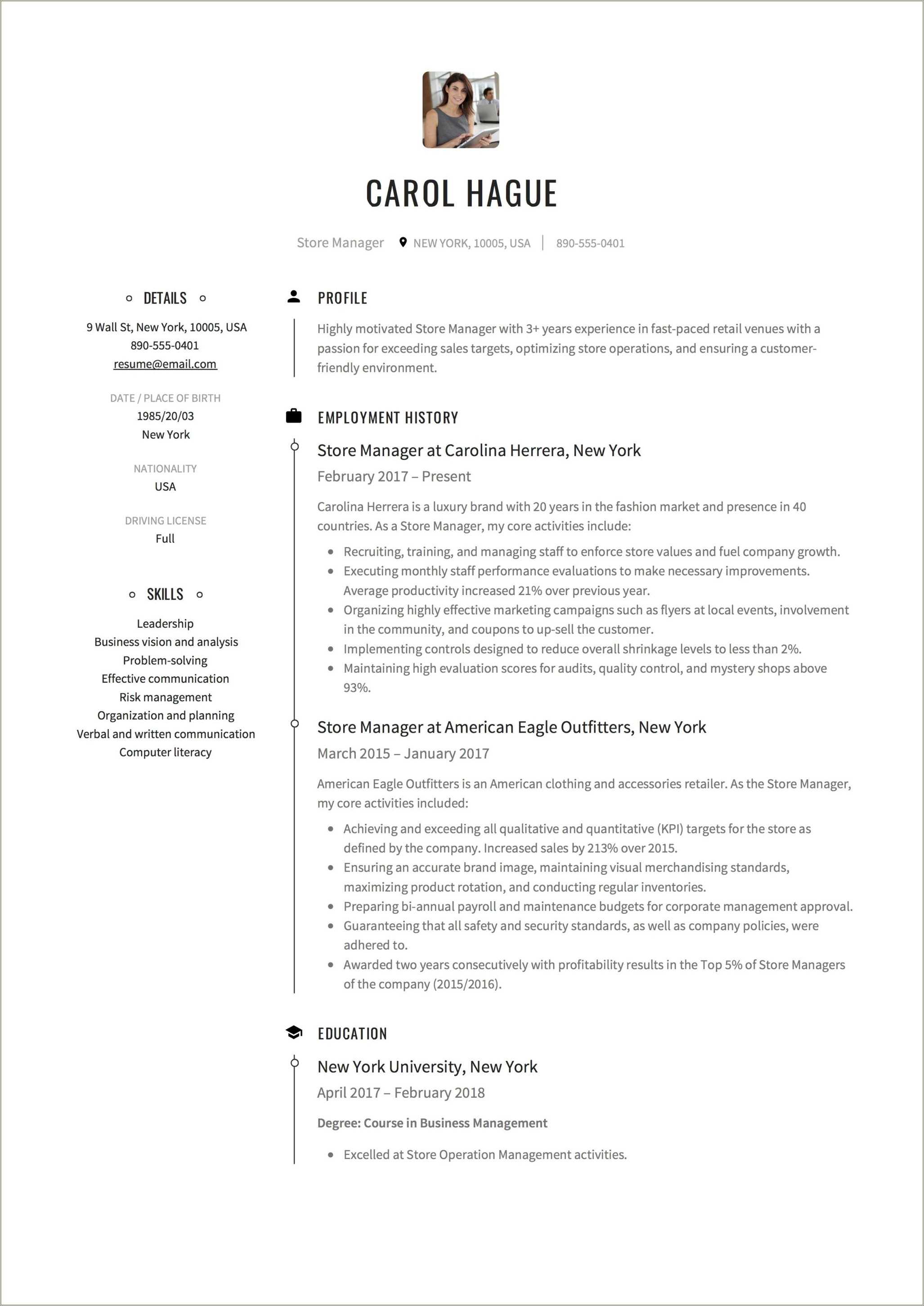 Telecom Retail Store Manager Resume - Resume Example Gallery