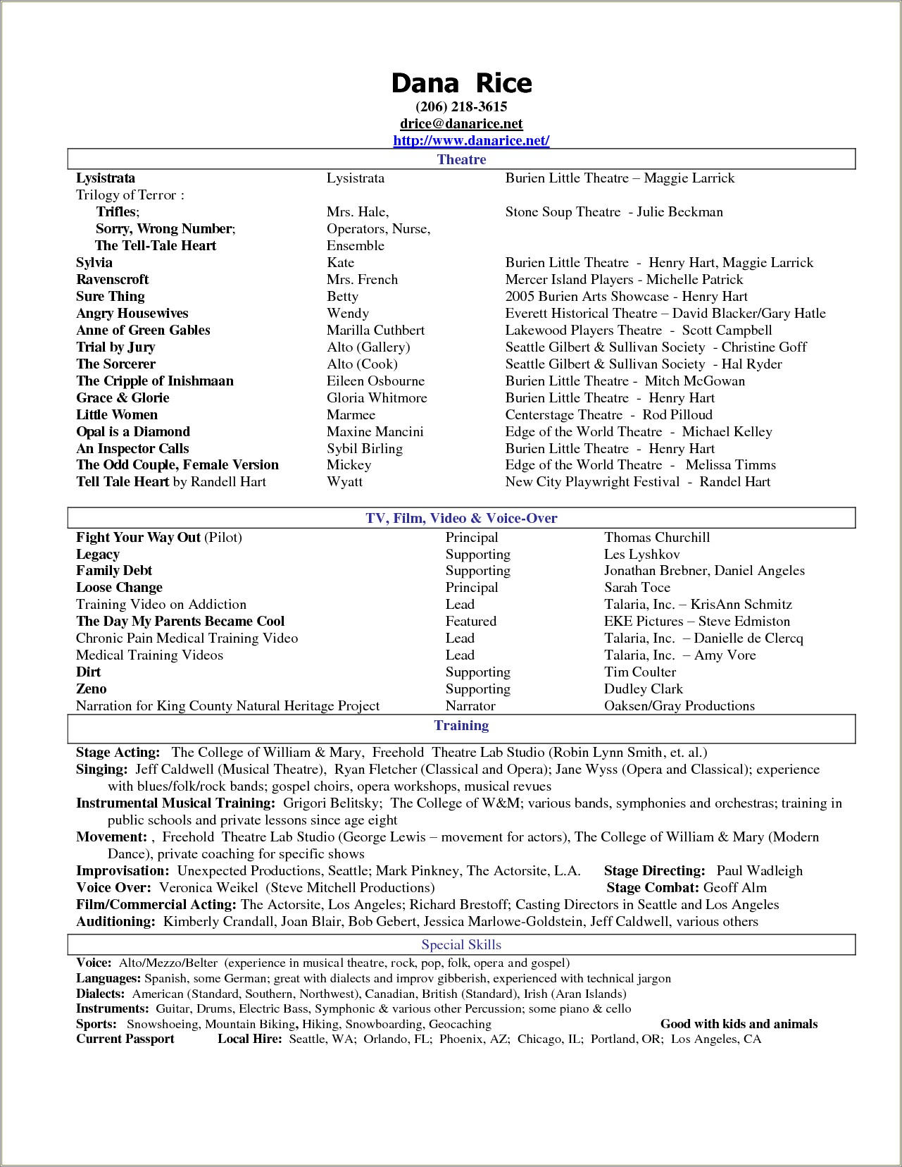 Theatre Resume Special Skills Examples Resume Example Gallery