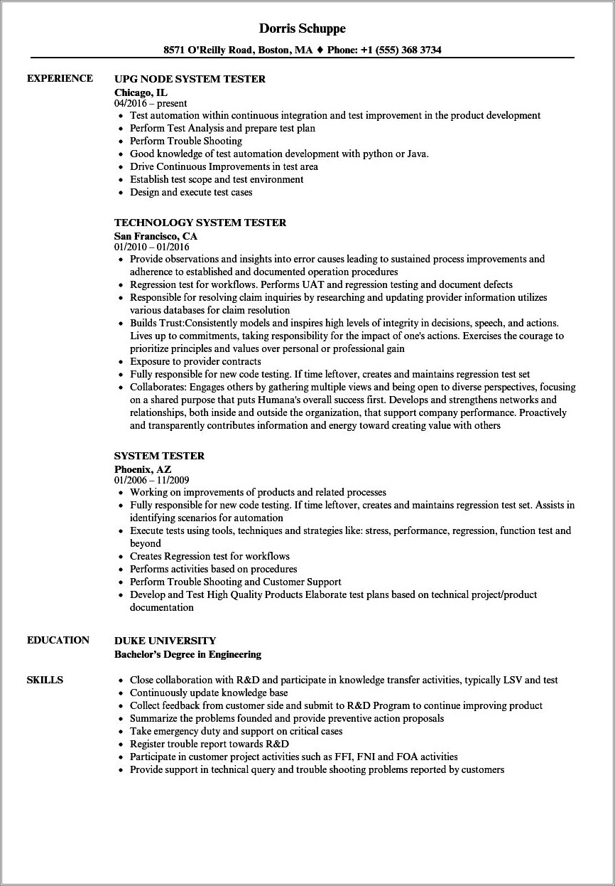 Uat Test Engineer Sample Resume - Resume Example Gallery