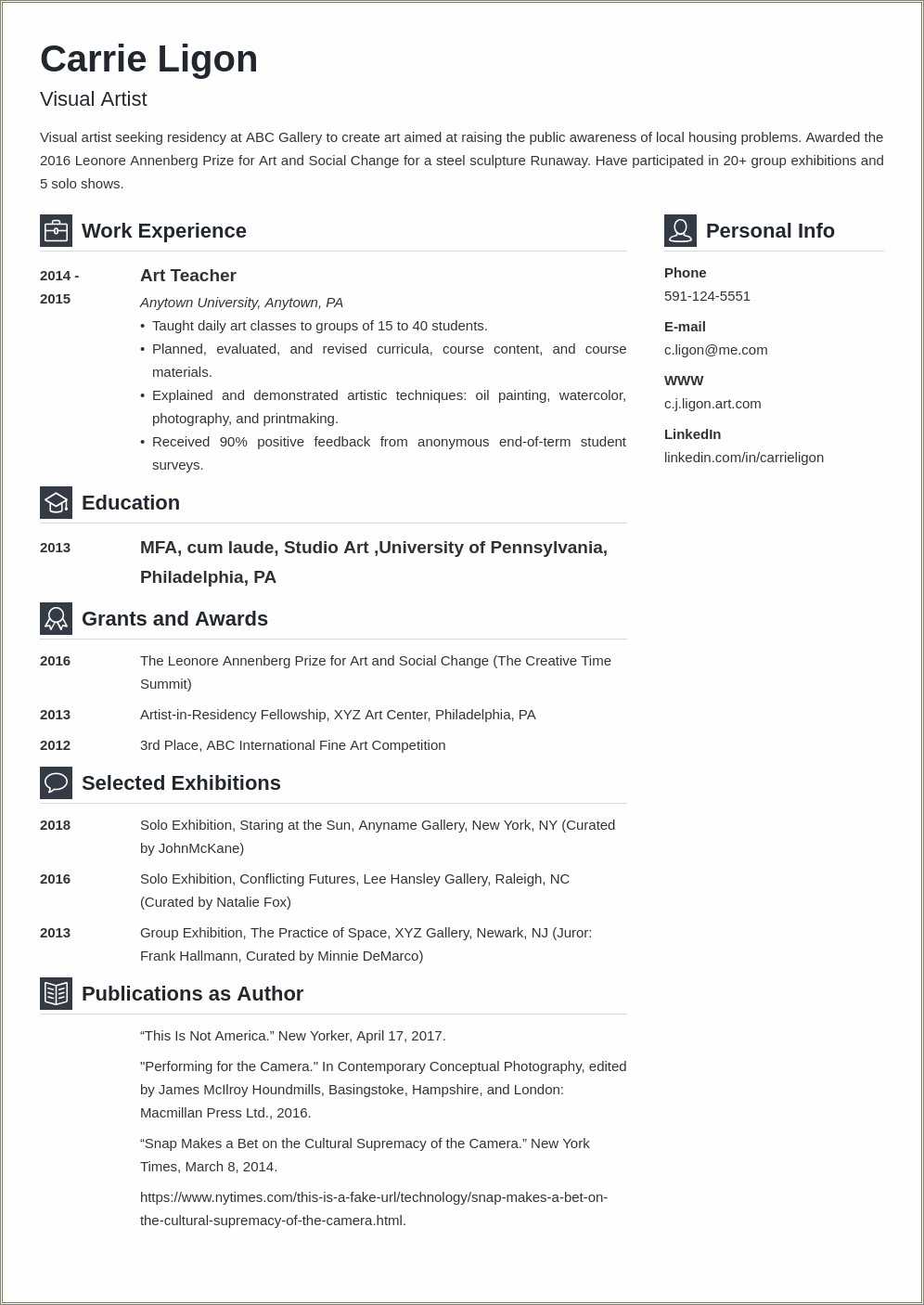 Visual Art College Resume Sample - Resume Example Gallery