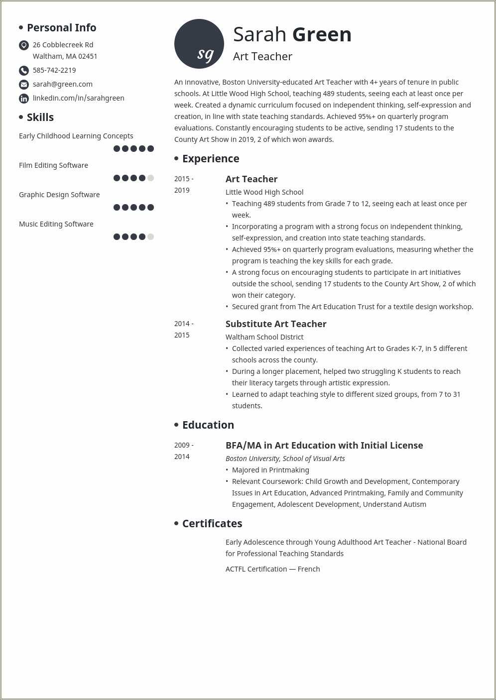 Visual Art Teacher Resume Examples - Resume Example Gallery