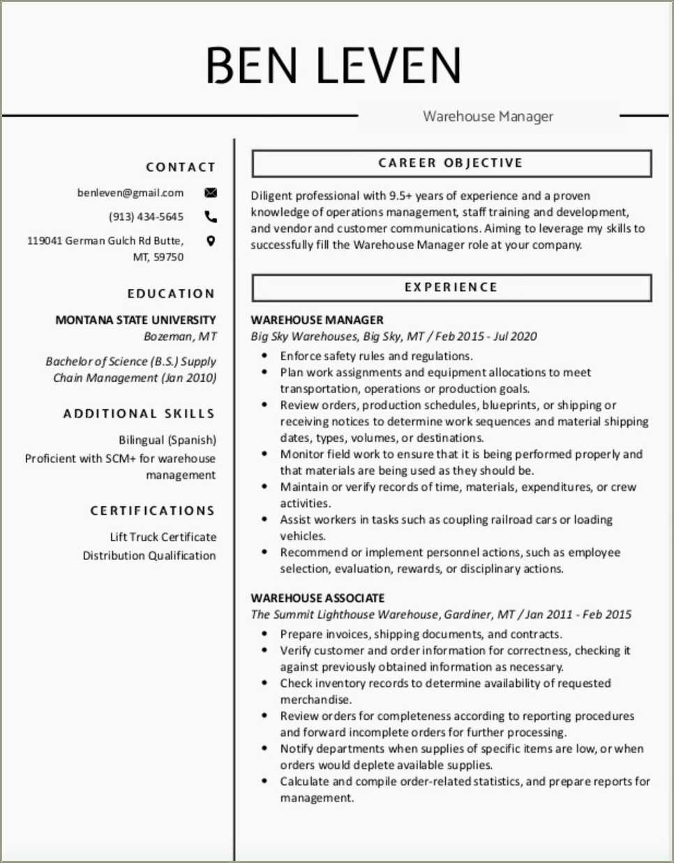 Warehouse Supervisor Resume Sample Word Resume Example Gallery