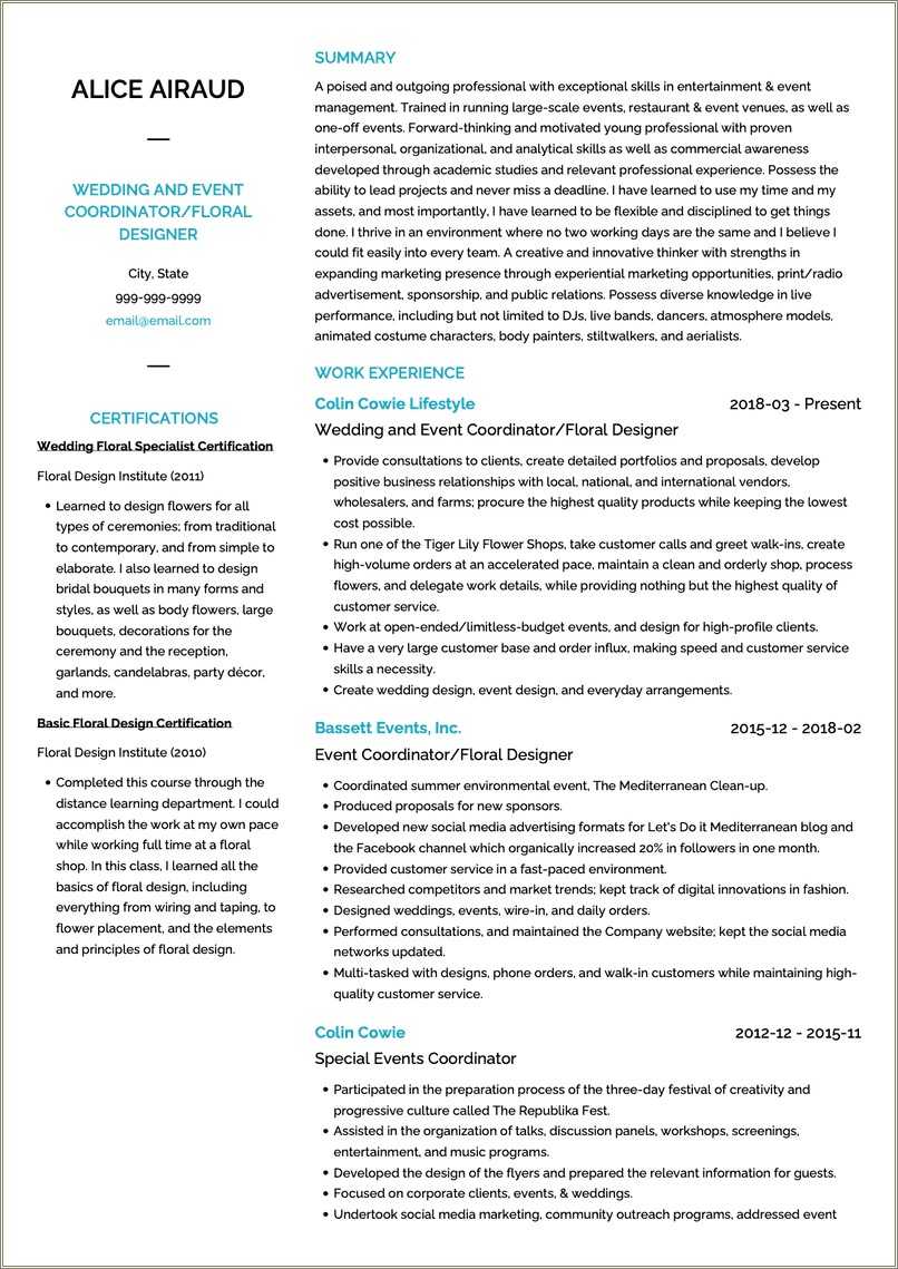 Church Wedding Coordinator Resume Example - Resume Example Gallery