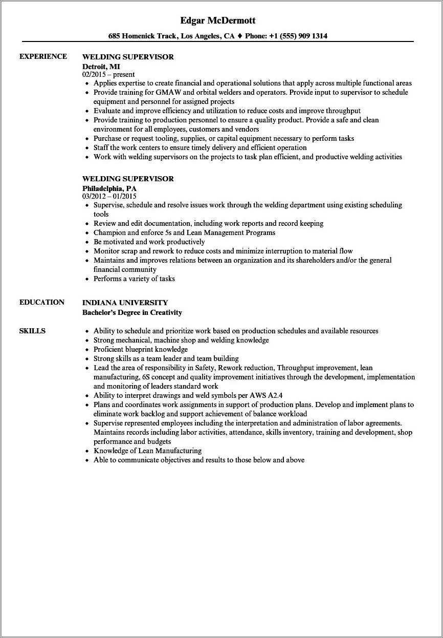 Welder Job Description Resume Sample - Resume Example Gallery