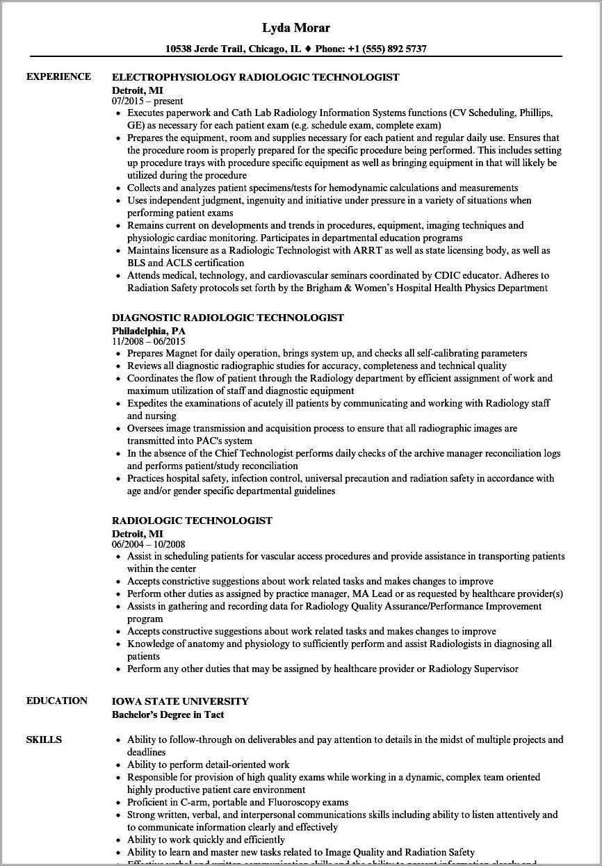 X Ray Technologist Resume Sample - Resume Example Gallery