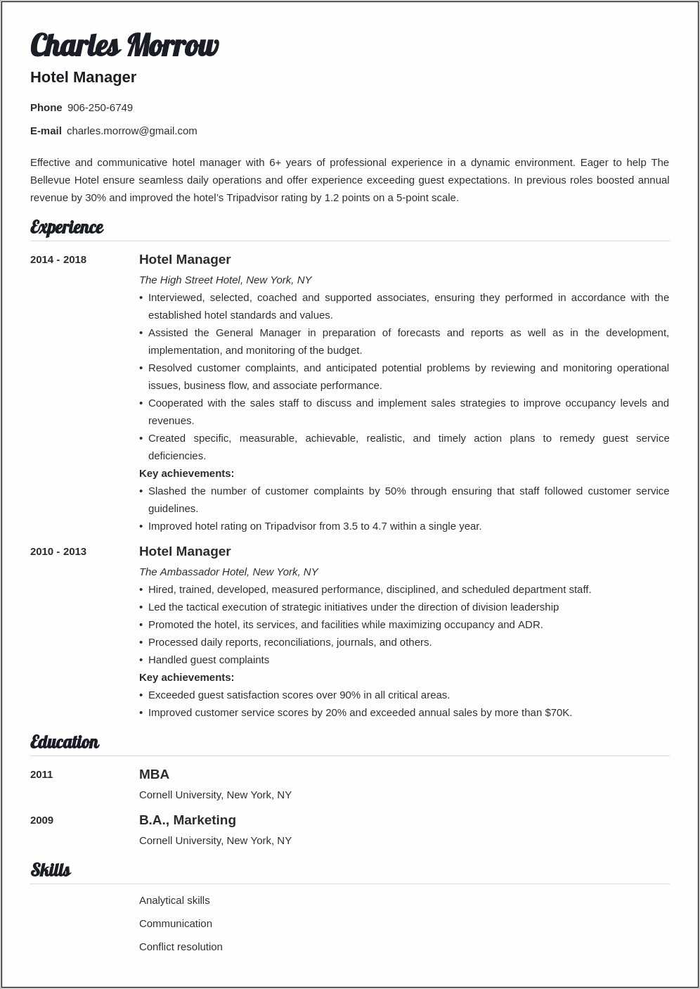 Resume Format For Hotel Management Trainee - Resume Example Gallery